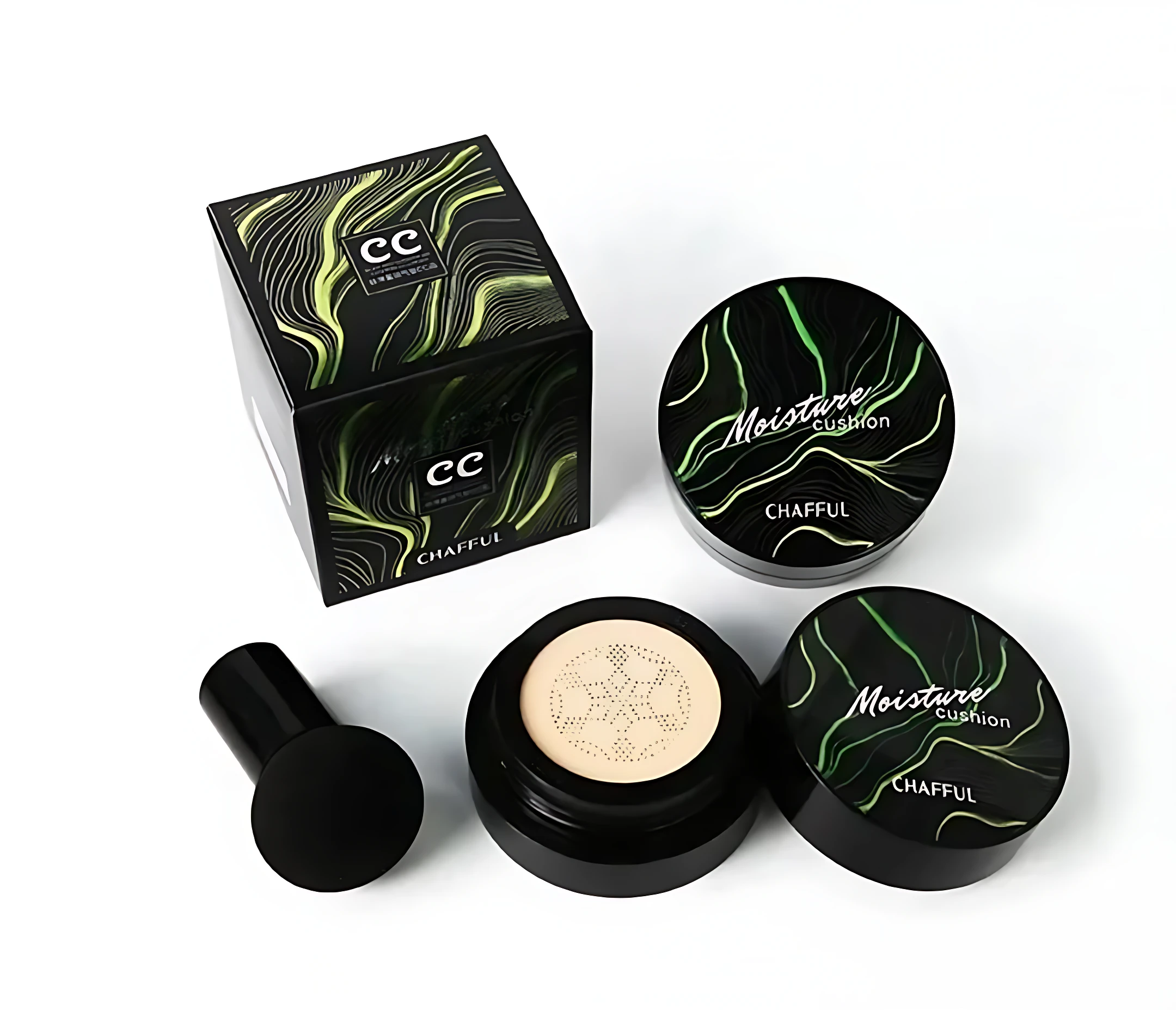Set CC Cushion CHAFFUL negro con diseño de ondas verdes y aplicador, para unificar tono y mejorar piel.