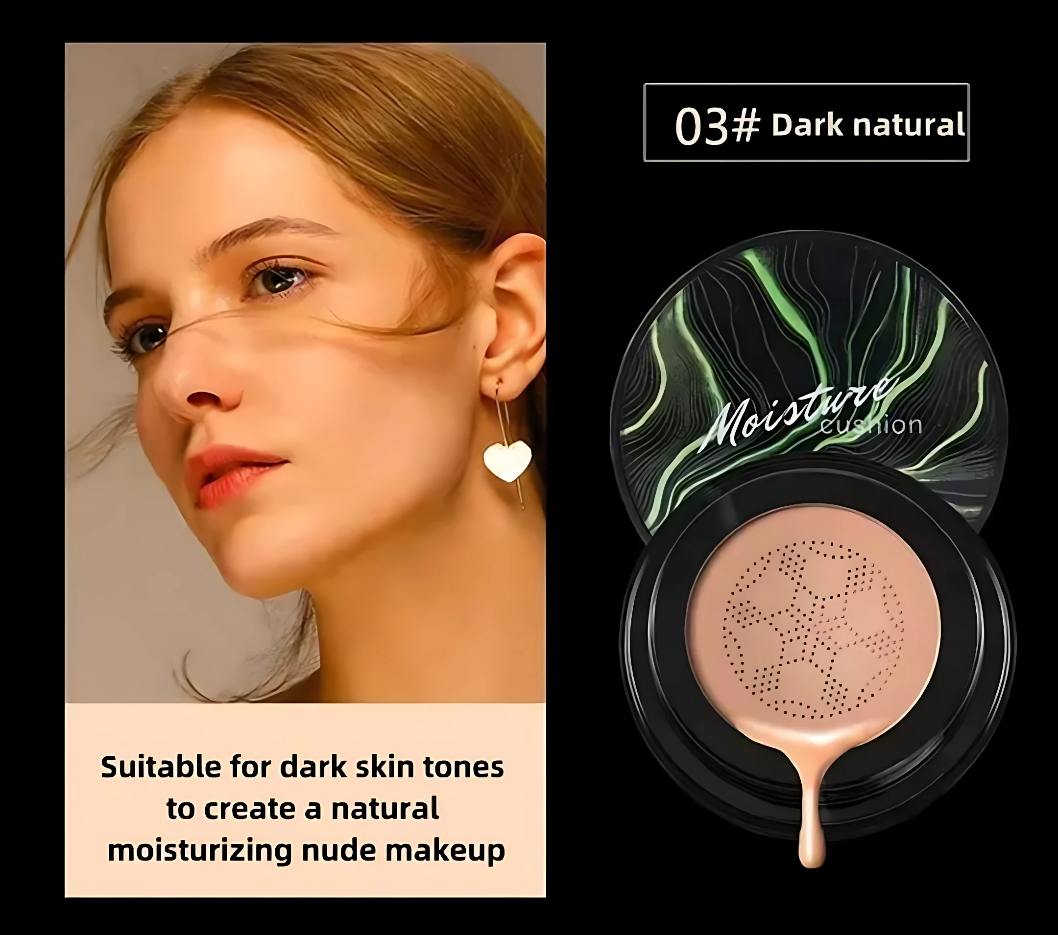CC Cushion base matificante "Dark natural" 03, ideal para pieles oscuras, para un maquillaje nude e hidratante.