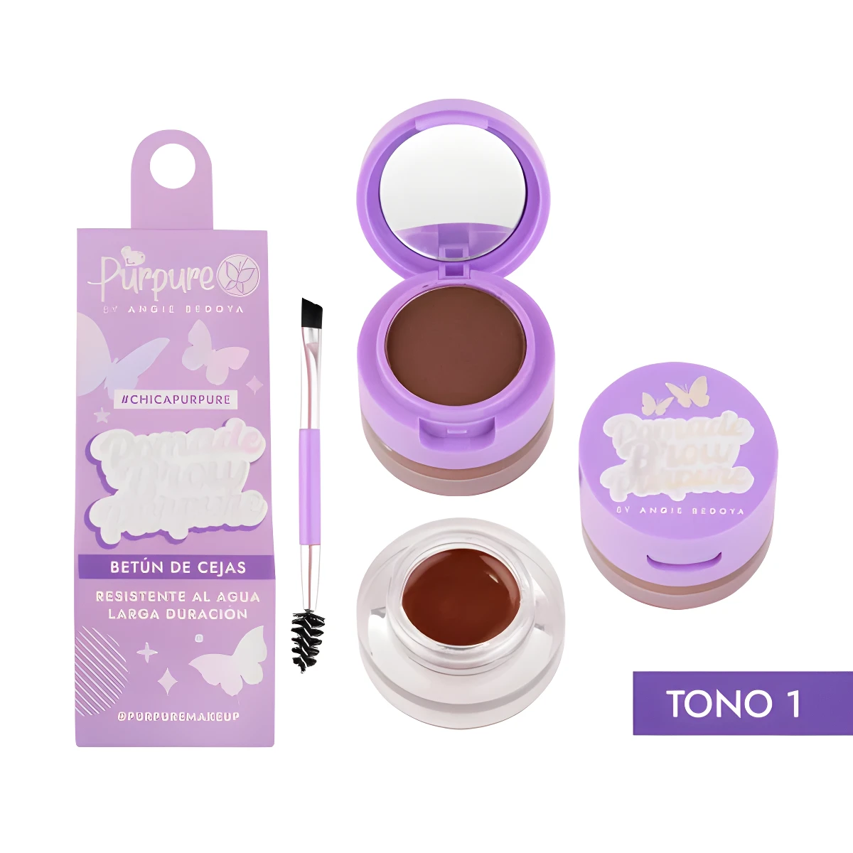 Set x2 betún para cejas tono 1 en envase morado con aplicador, resistente al agua.