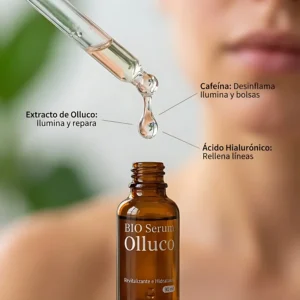 Gotero con suero marrón, botella "BIO Serum Olluco" 30 ml, destacando ingredientes: Extracto de Olluco, Cafeína, Ácido Hialurónico.
