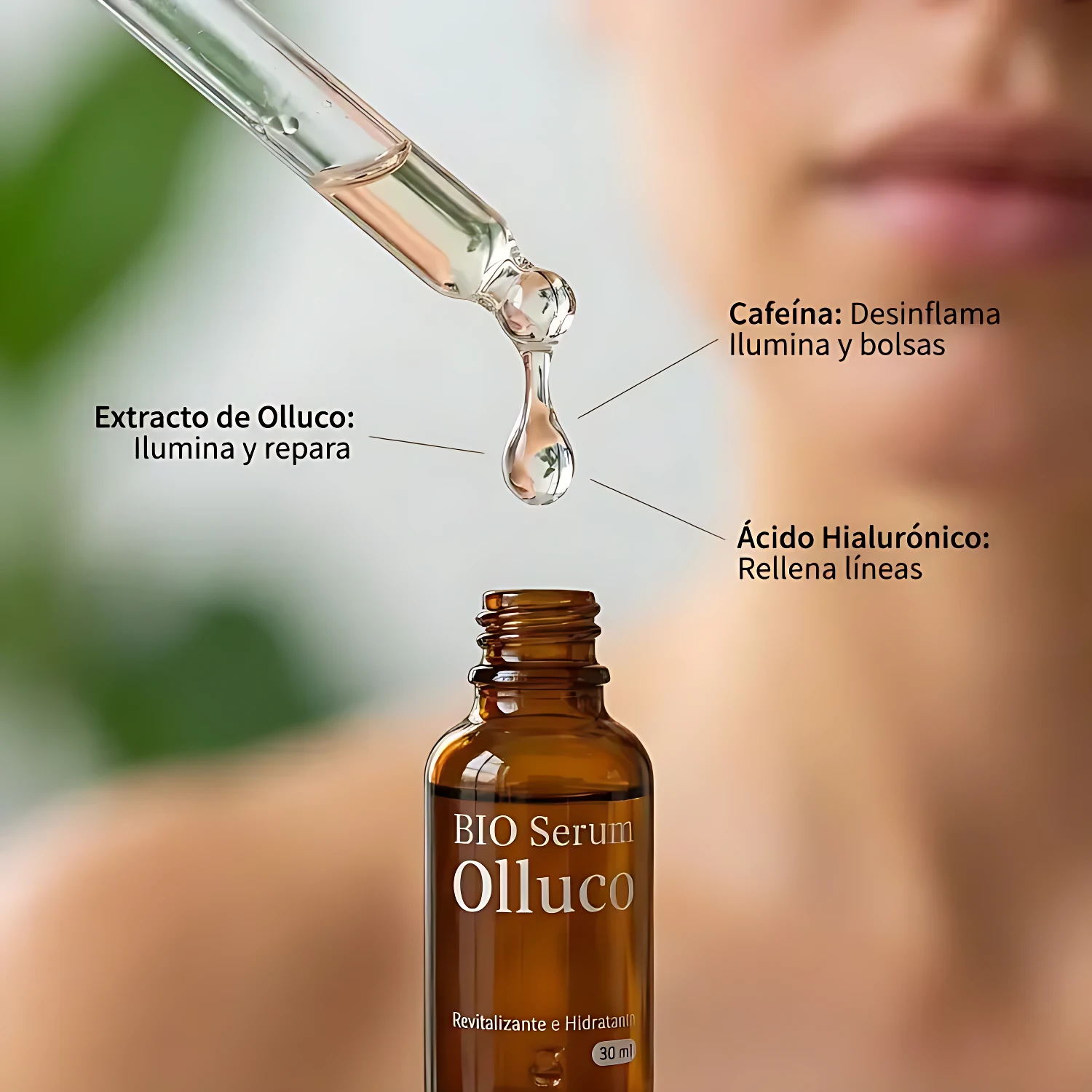 Gotero con suero marrón, botella "BIO Serum Olluco" 30 ml, destacando ingredientes: Extracto de Olluco, Cafeína, Ácido Hialurónico.