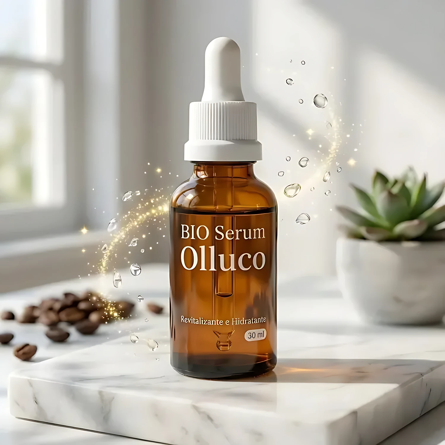 Frasco ámbar de Bio Serum Olluco 30 ml, revitalizante e hidratante, con gotas y brillo, sobre mármol, junto a granos de café y suculenta.