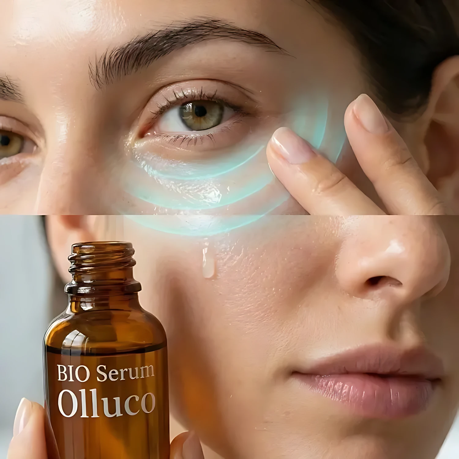 Set x2 Bio Serum Olluco anti-ojeras y bolsas, aplicado en piel con gotas y frasco ámbar.