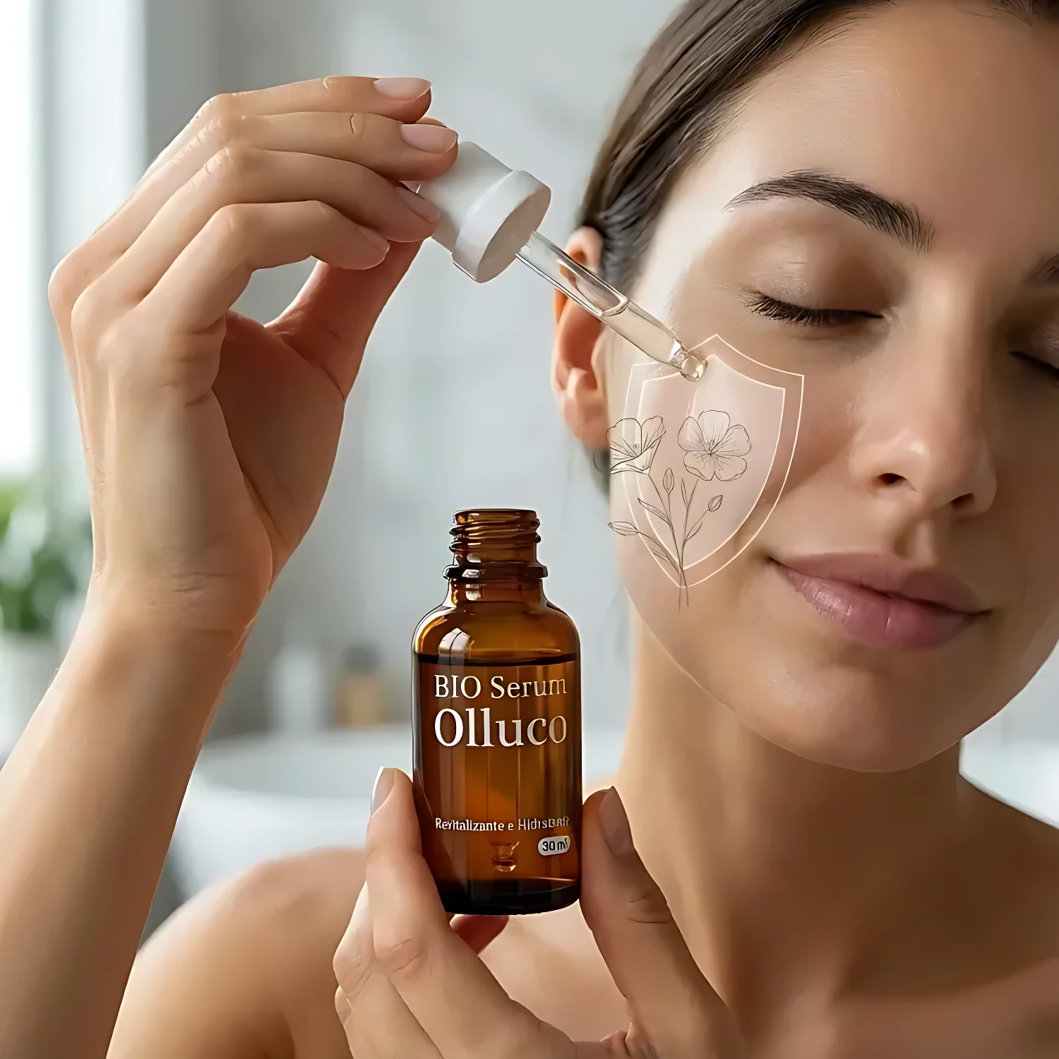 Mujer aplica con gotero serum facial Olluco en frasco ámbar, con diseño de escudo protector en su mejilla.