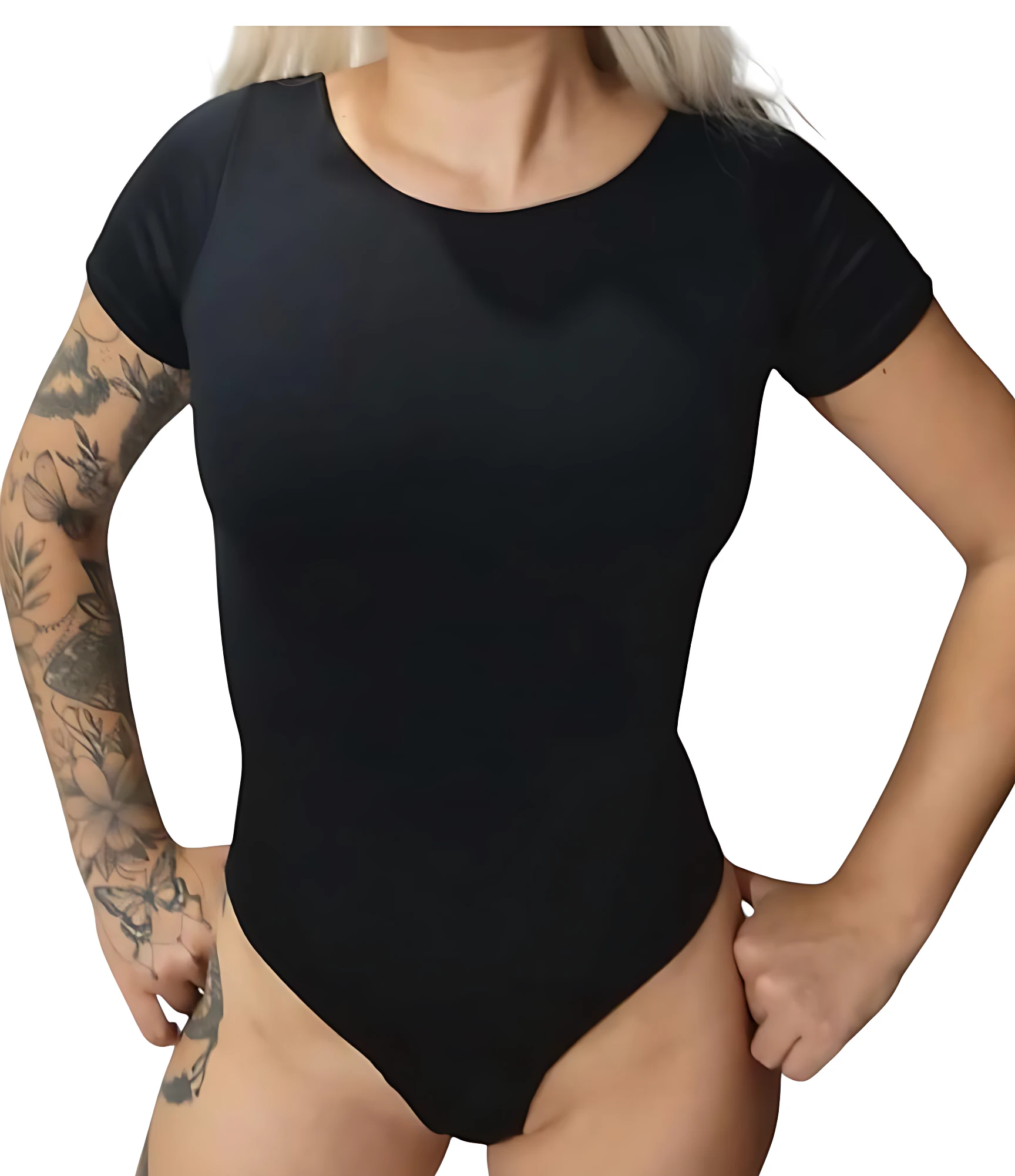 Body negro manga corta de poli licra doble, con escote redondo, moldea figura.