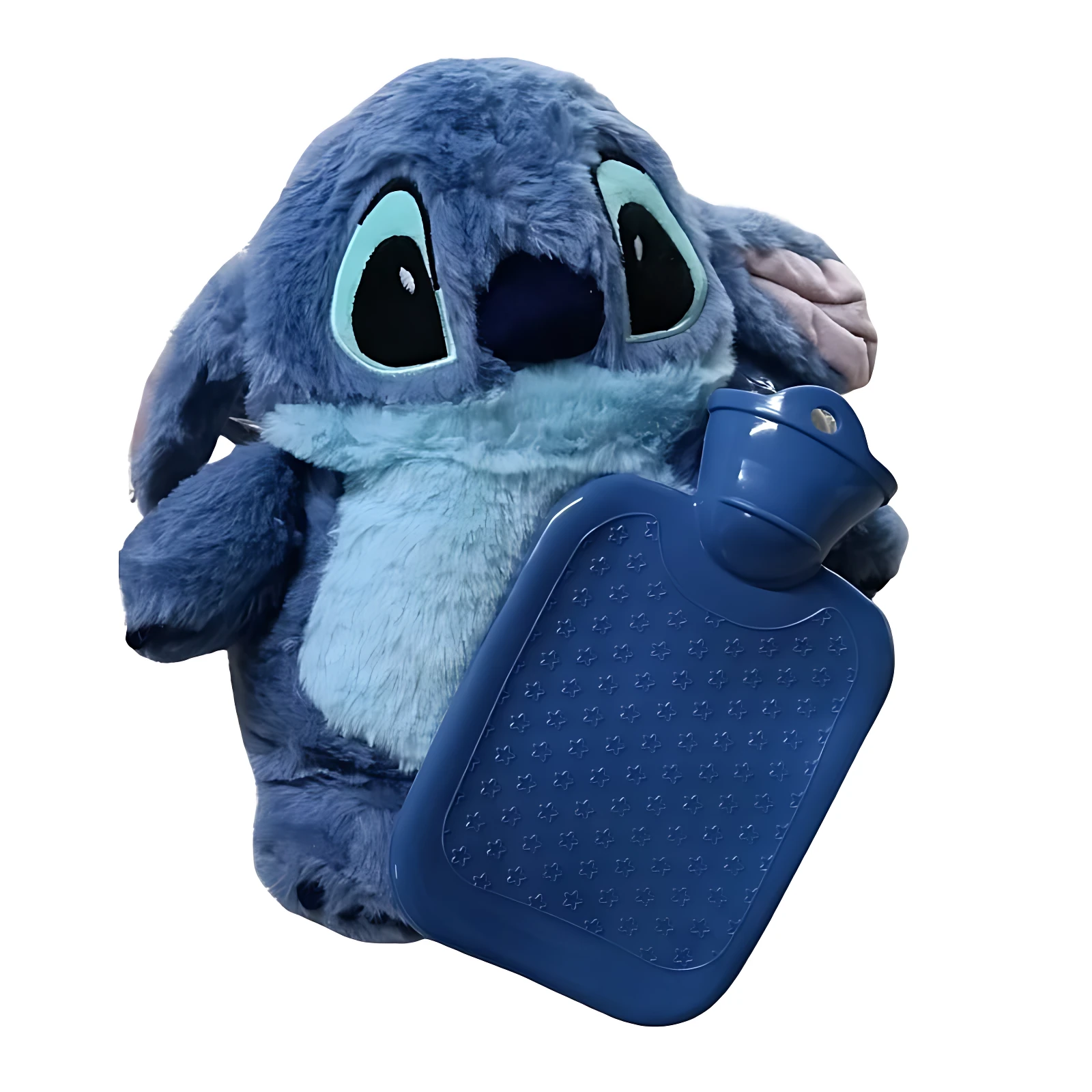 Bolsa de agua caliente azul con diseño de Stitch, ideal para aliviar dolores y calentar el cuerpo.