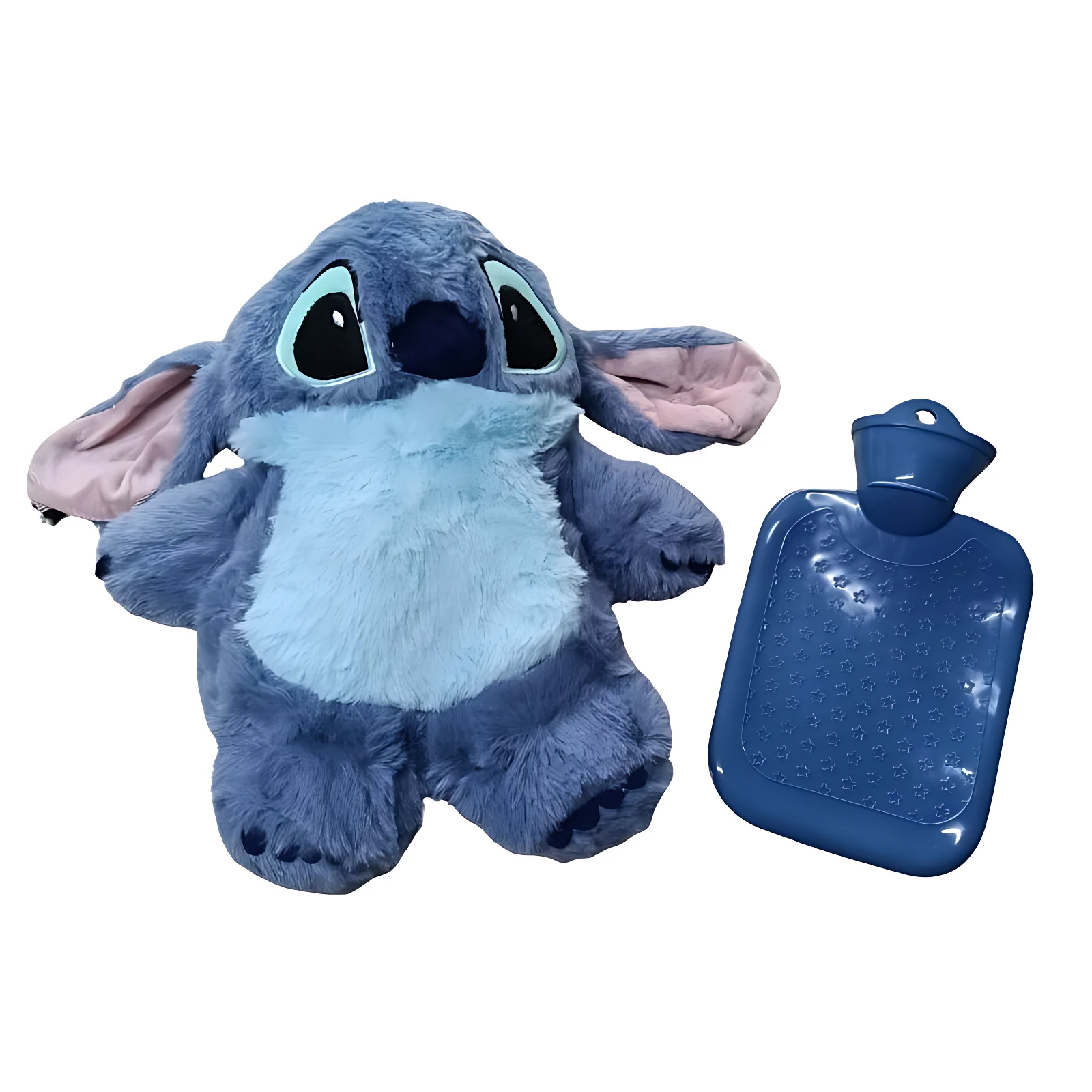 Bolsa de agua caliente azul con diseño de Stich, ideal para aliviar dolores y calentar el cuerpo.
