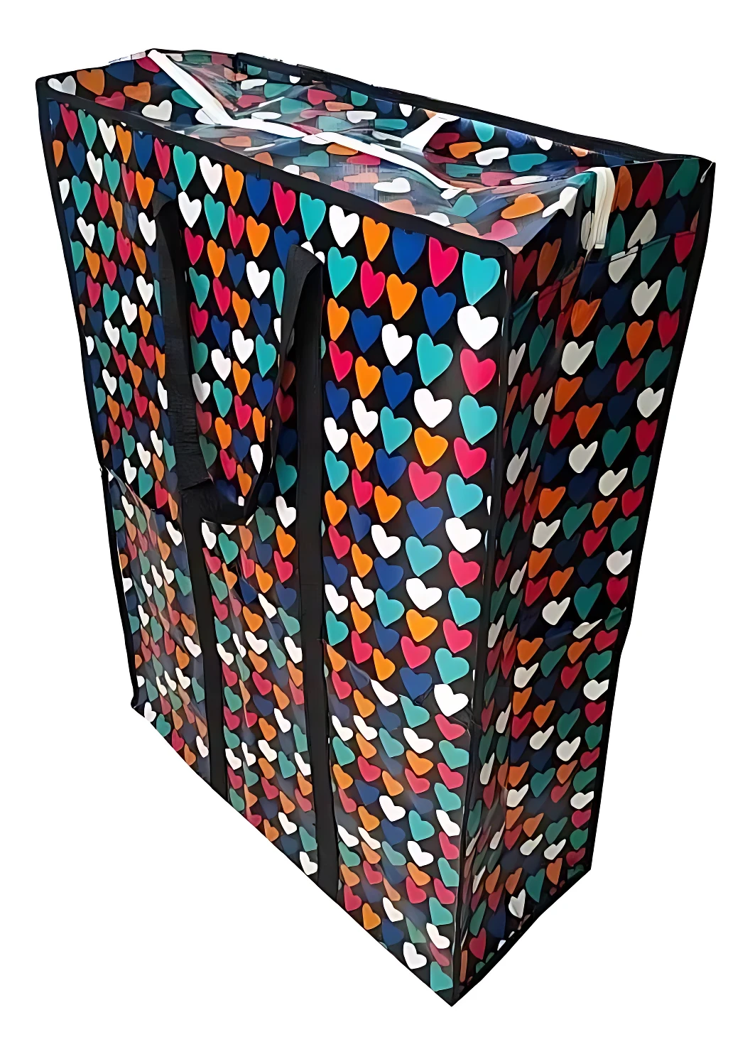 Bolsa grande con estampado de corazones multicolor, cierre de cremallera y asas negras, ideal para organizar y transportar.