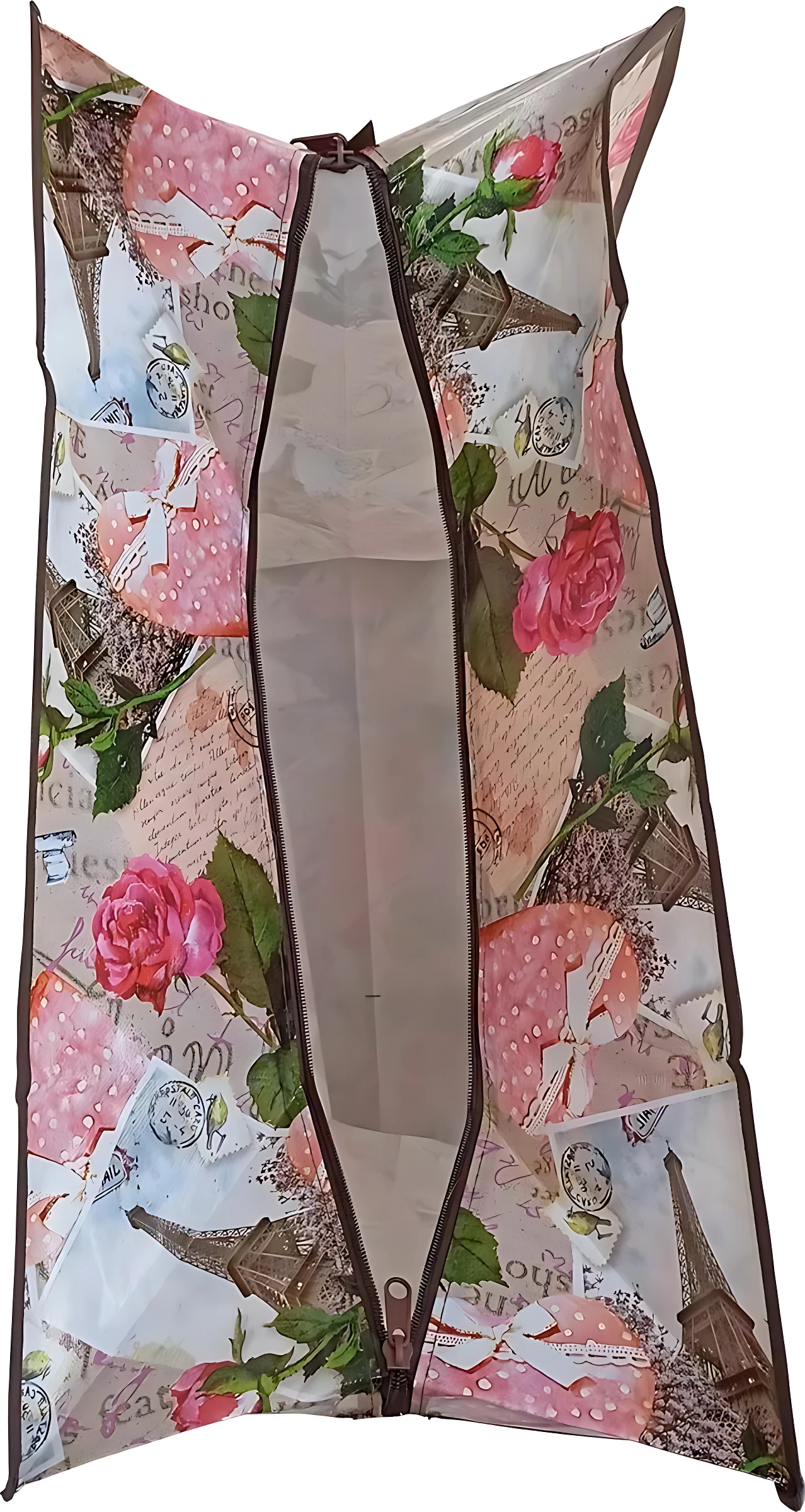 Bolsas talego grandes estampadas con Eiffel y rosas, cremallera abierta para organizar y transportar.