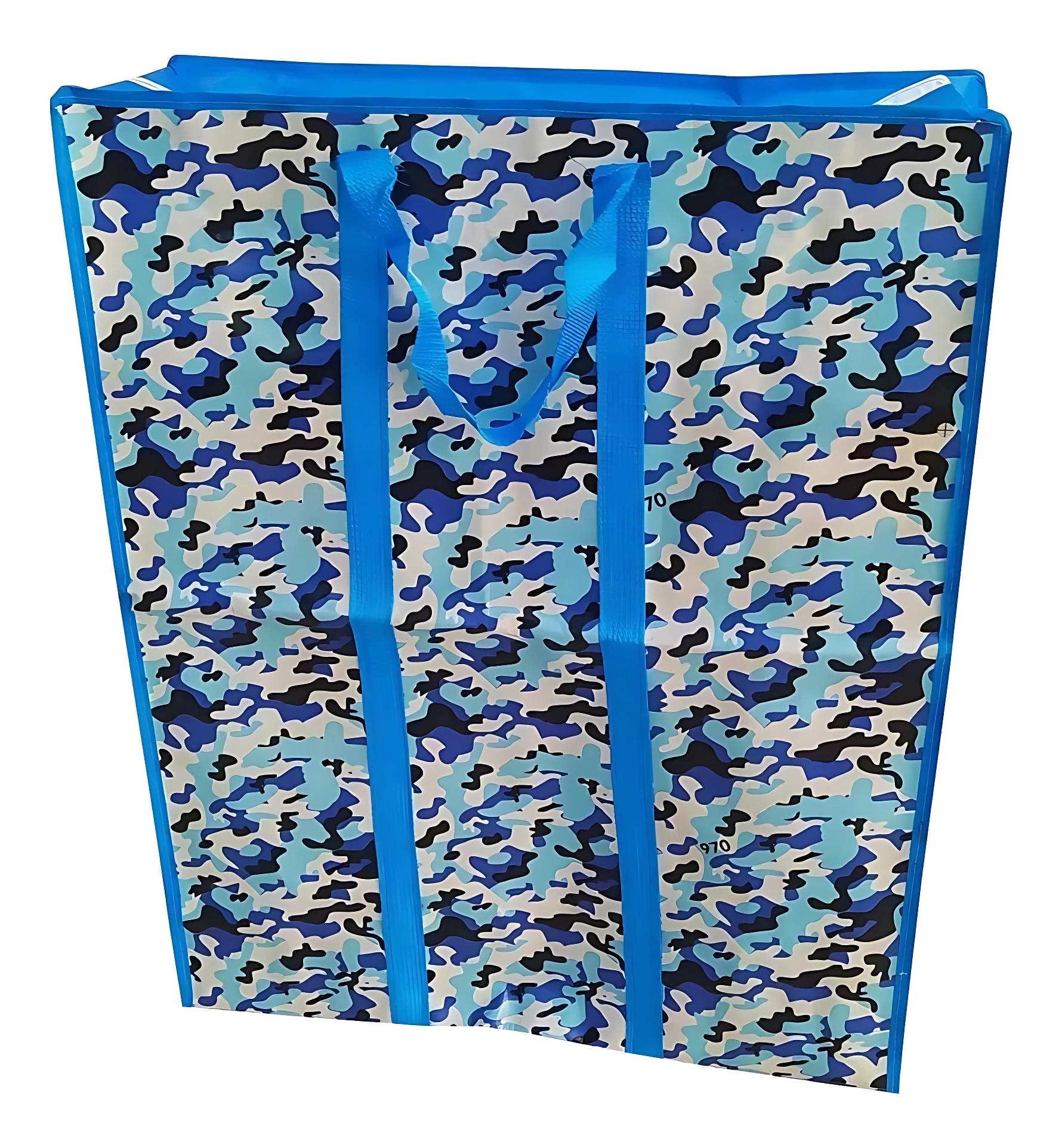 Bolsa talego grande con estampado camuflado azul, asas azules y cremallera visible.