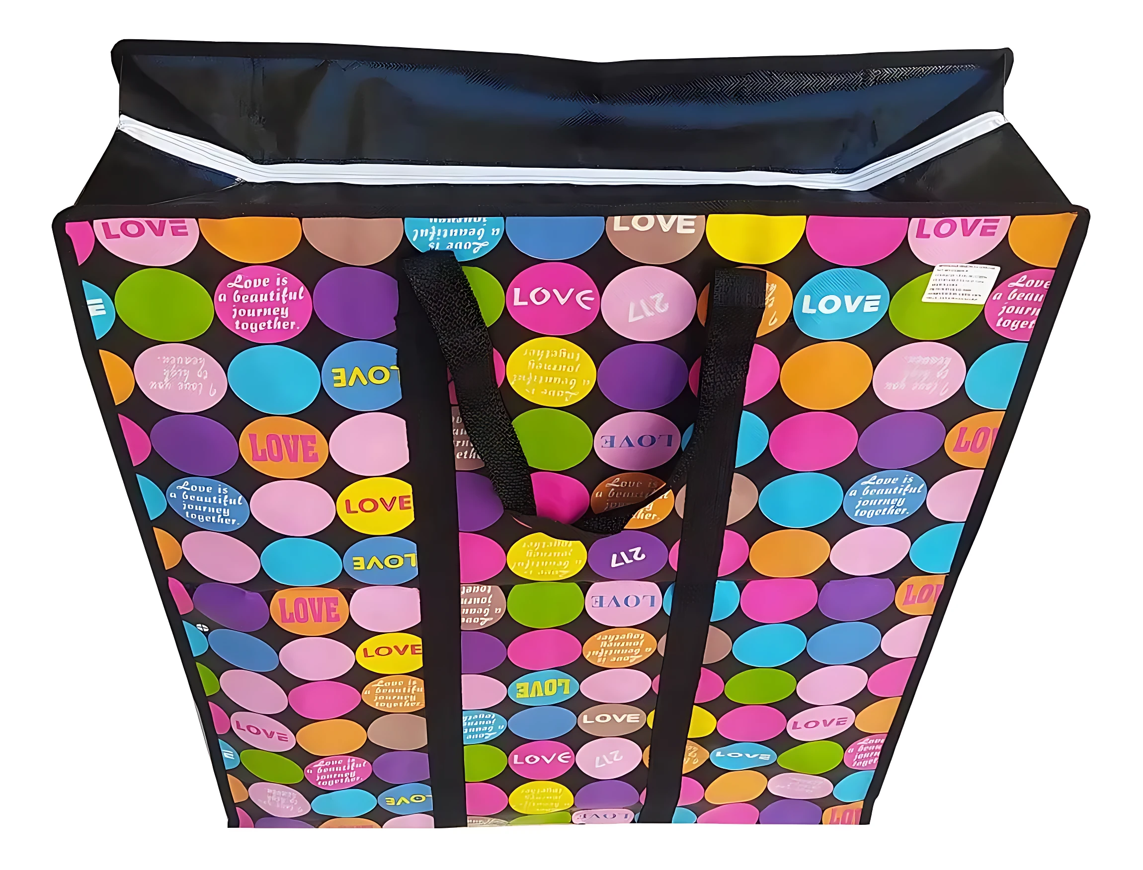 Bolsa talego estampada con círculos de colores y la palabra "LOVE", con asas y cremallera.
