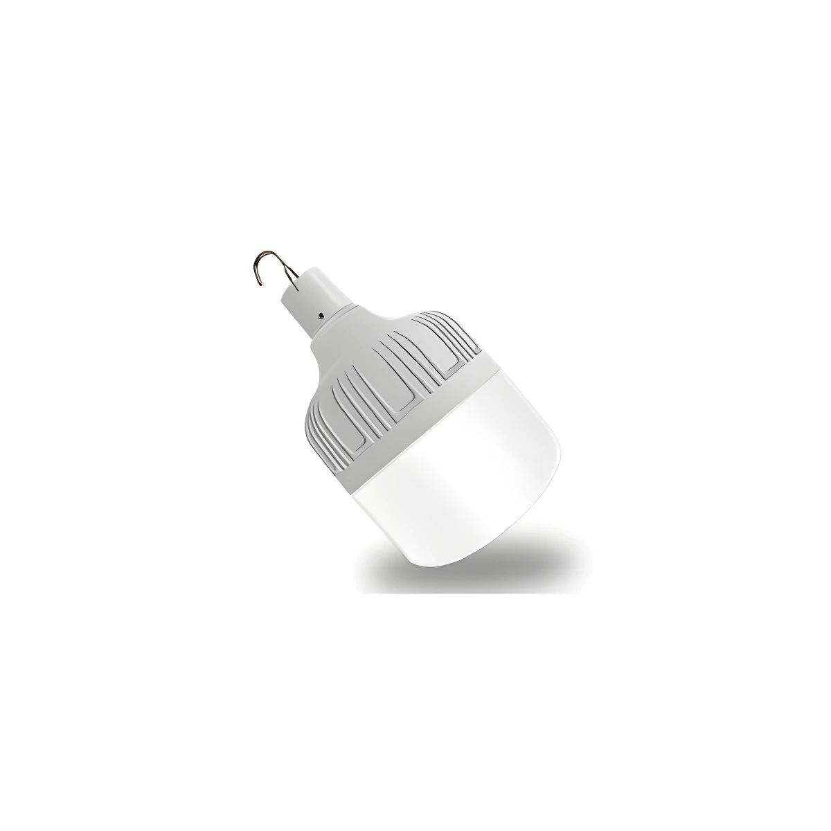 Bombillo LED recargable blanco con gancho para colgar, disipador de calor y difusor translúcido.
