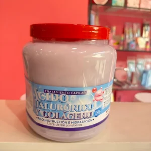Tarro grande con tratamiento capilar ácido hialurónico y colágeno, libre de sal y parabenos.