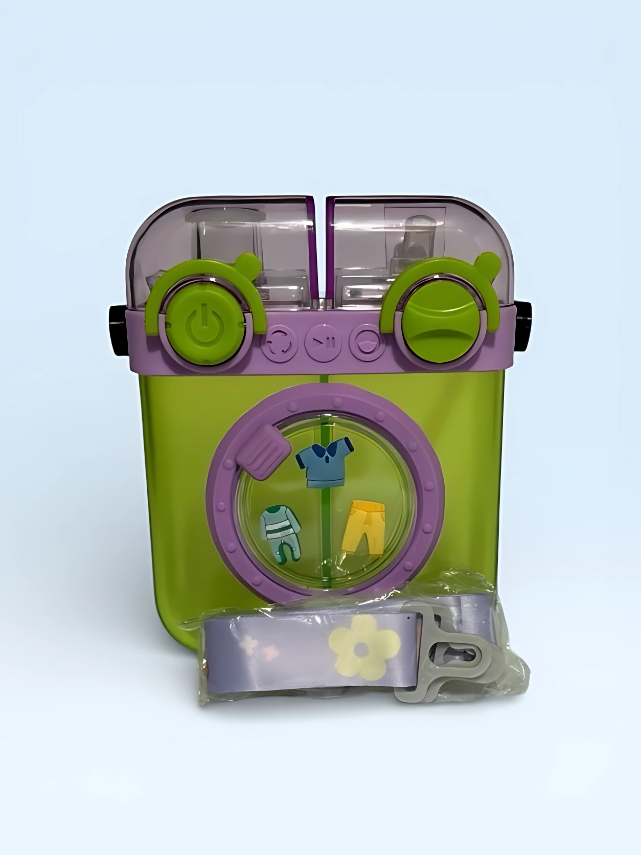 Botella de agua 500ml verde y morado, diseño lavadora con compartimentos, correa floral.