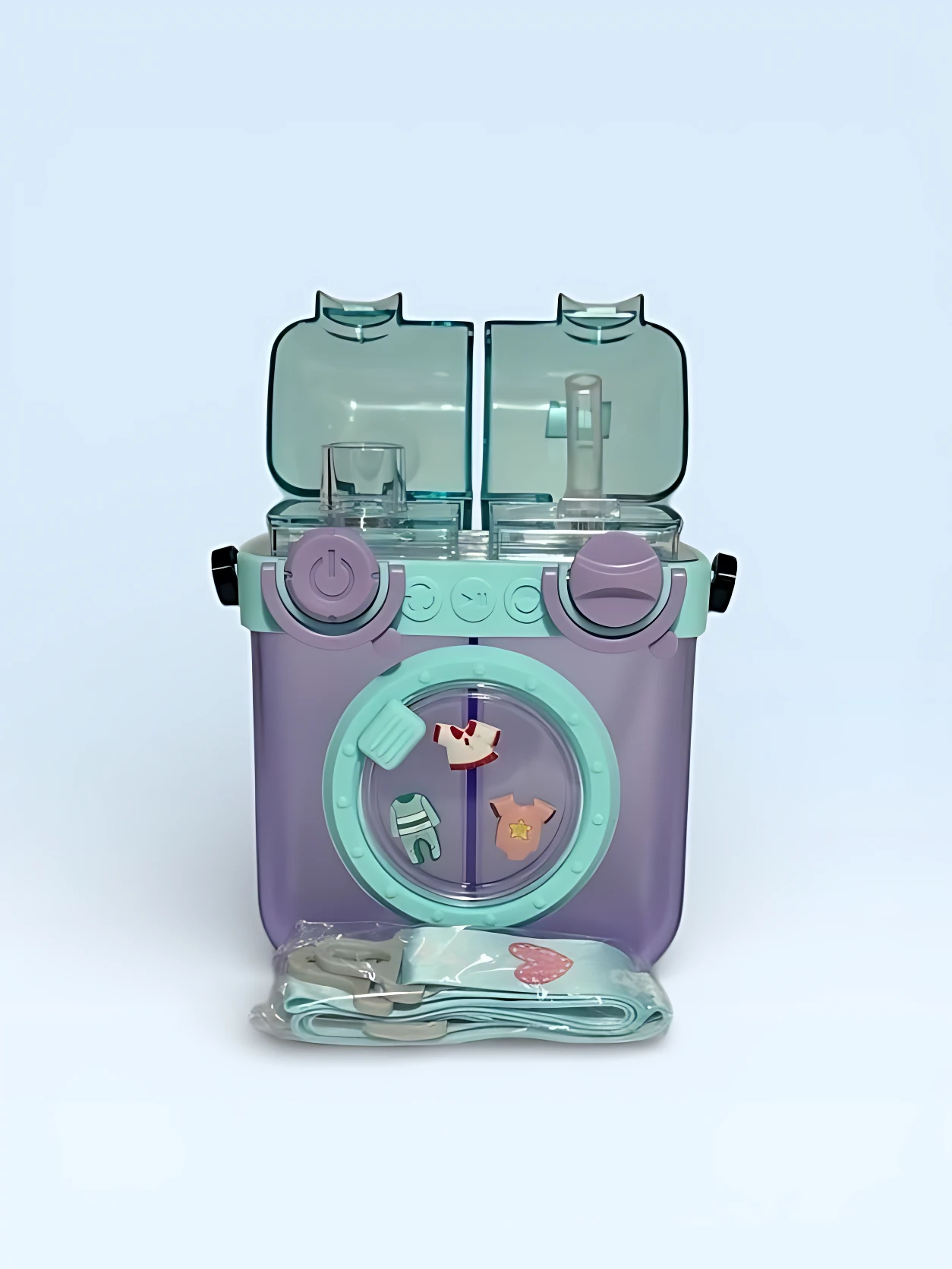 Botella de agua morada y turquesa con doble compartimento, diseño de lavadora con ropa, 500ml. Incluye cargador.