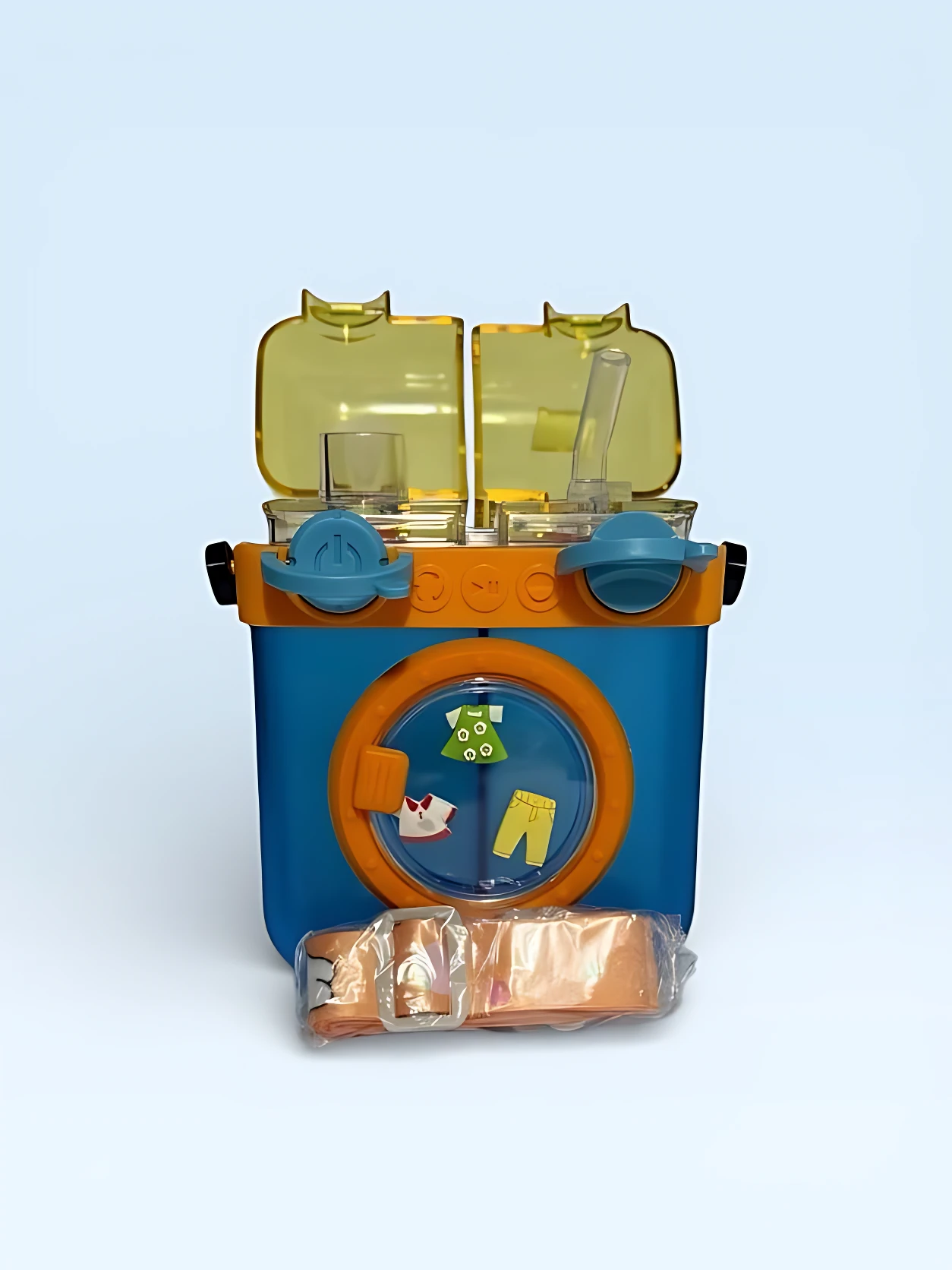 Botella agua azul doble compartimento diseño lavadora 500ml con accesorios lavables.