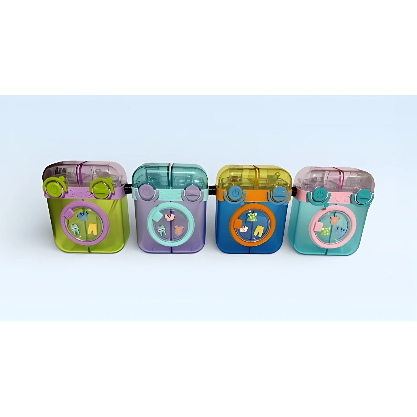 Botellas de agua infantiles en forma de lavadora, verde, morado, azul y turquesa con 500ml de capacidad.