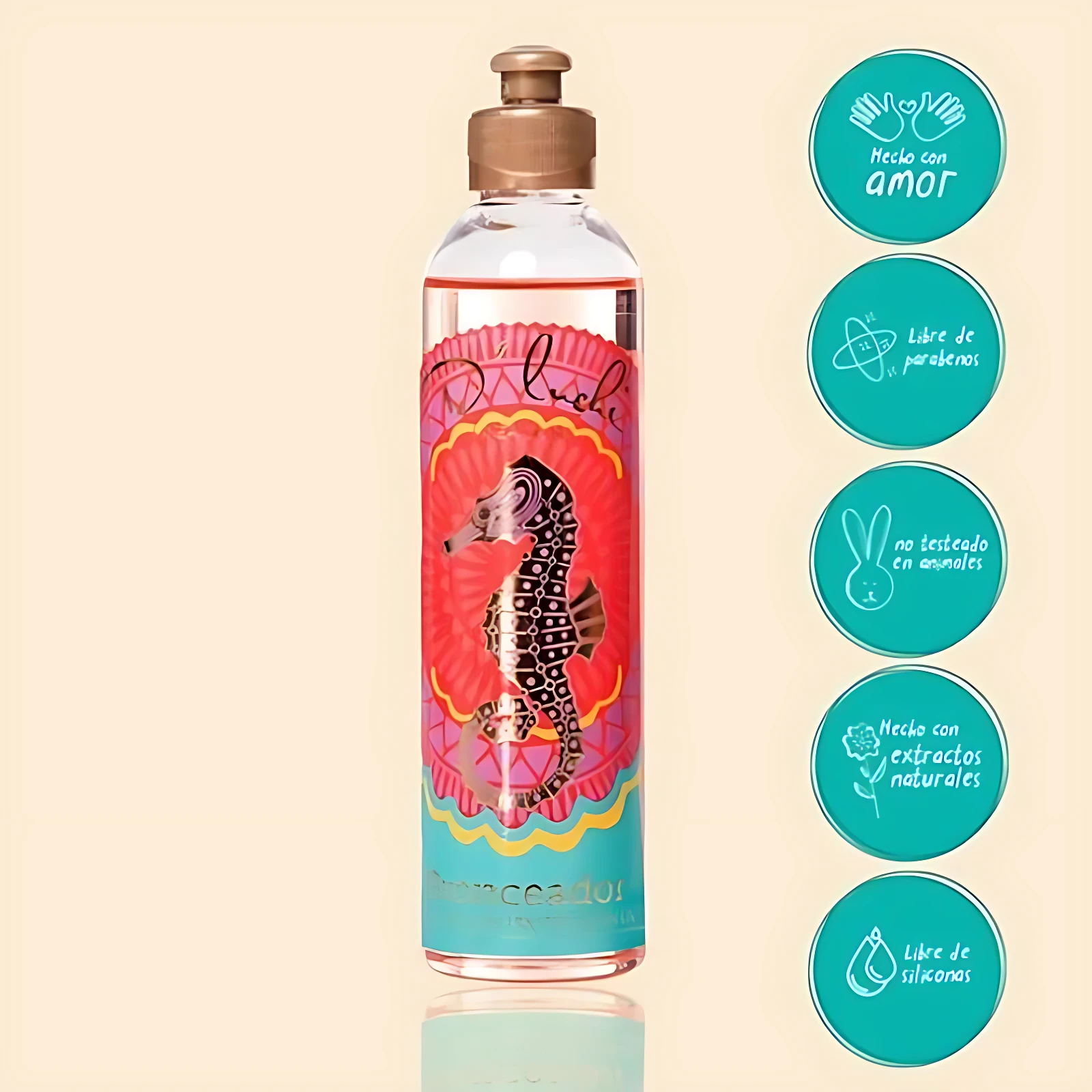 Aceite bronceador D'Luchi con aceite de coco, envase transparente con etiqueta de caballito de mar y círculos informativos.