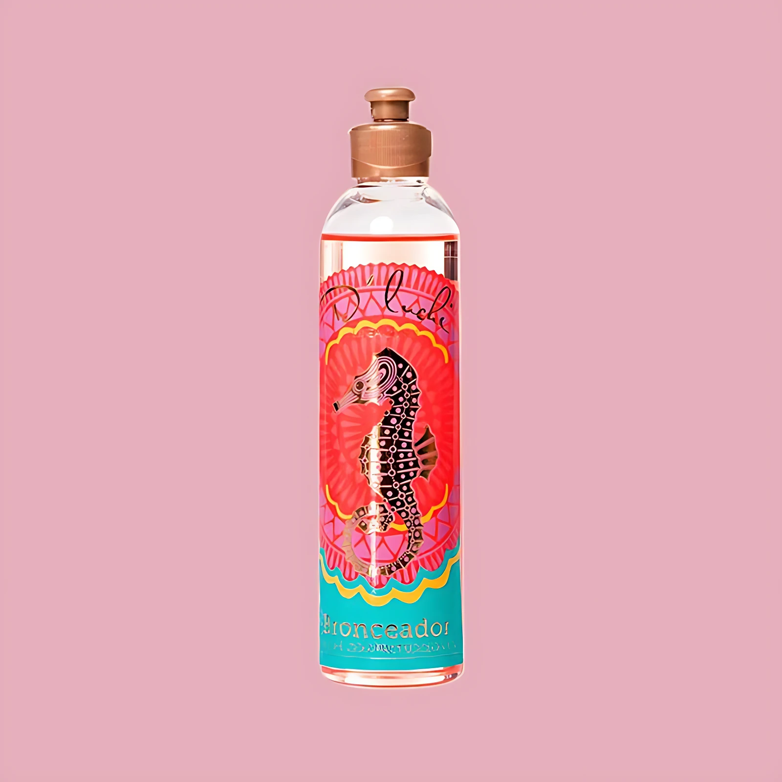 Aceite bronceador D'Luchi con seahorse y diseño vibrante, para un dorado radiante e hidratado.