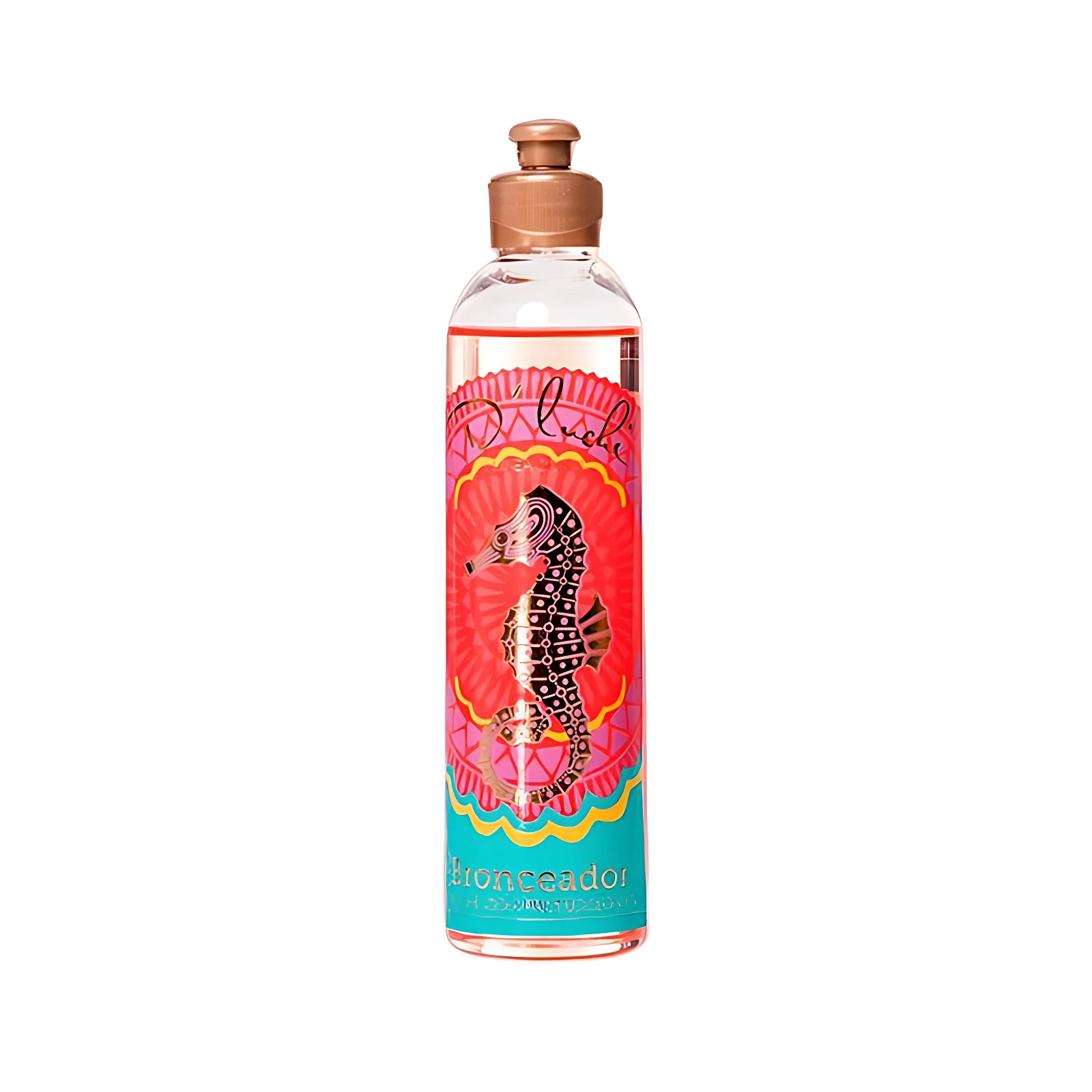 Bronceador corporal D'Luchi en botella con etiqueta de caballito de mar y diseño tribal.