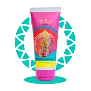 Bronceador en gel D´Luchi con diseño de caballito de mar dorado, línea de sol, tono rosa y turquesa.