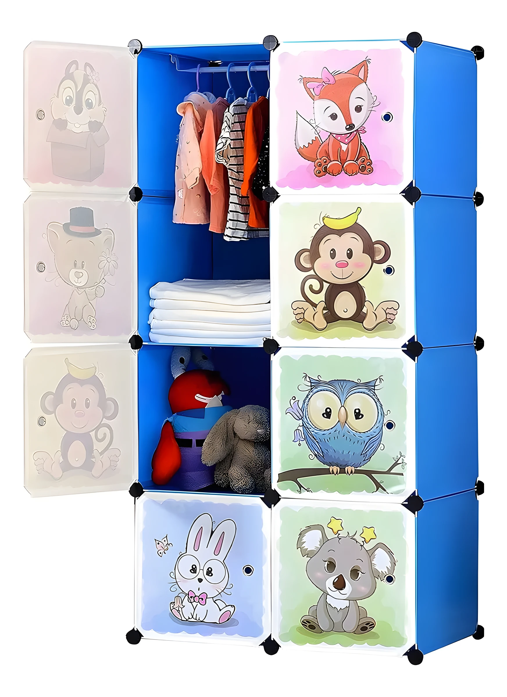 Armario modular infantil azul con 8 cubos, uno abierto mostrando ropa y peluches. Puertas con dibujos de animales (zorro, mono, búho, conejo, koala).
