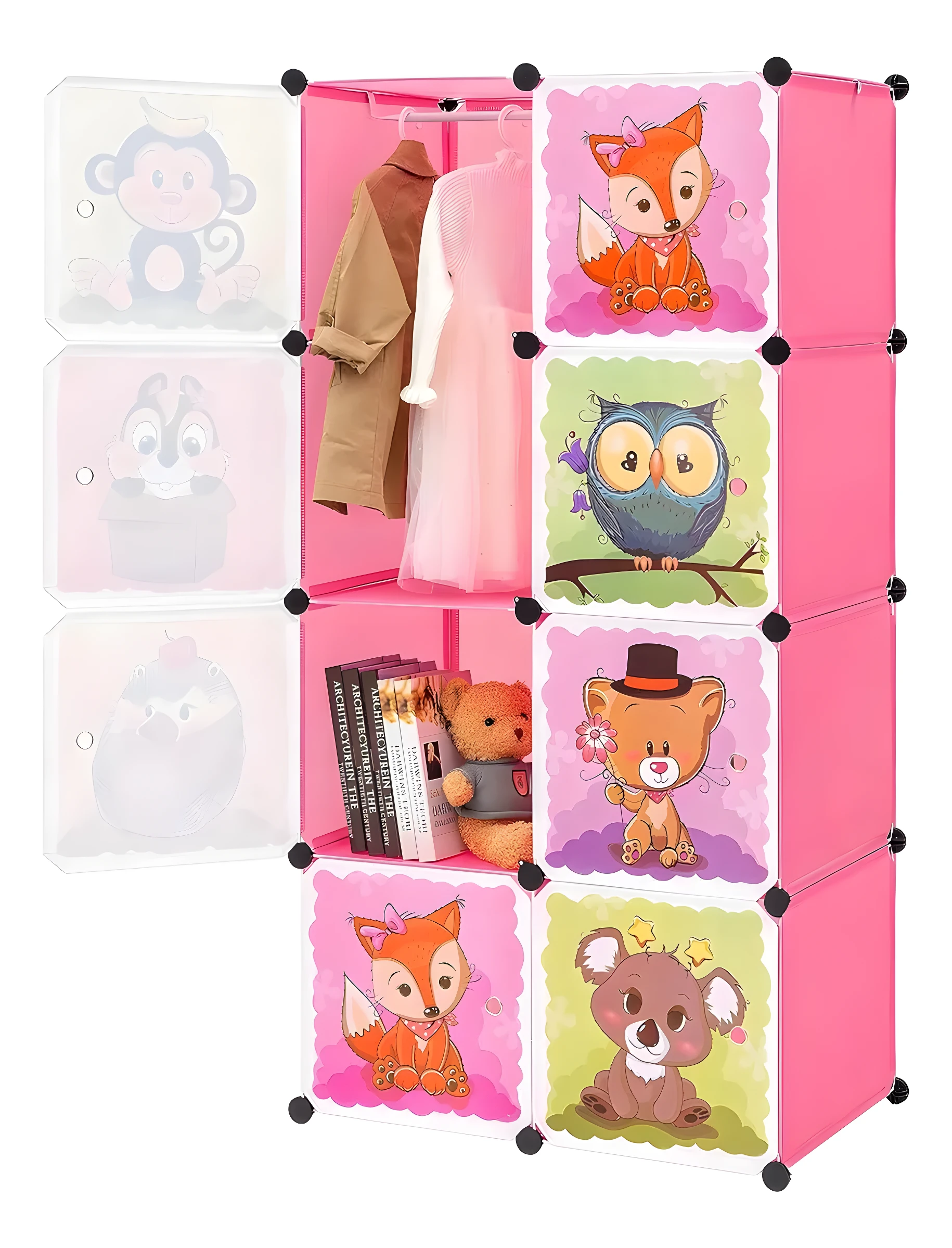 Armario modular infantil rosa con 8 cubos. Puertas con dibujos de animales (mono, zorro, búho, oso, koala). Un cubículo tiene barra para colgar ropa.