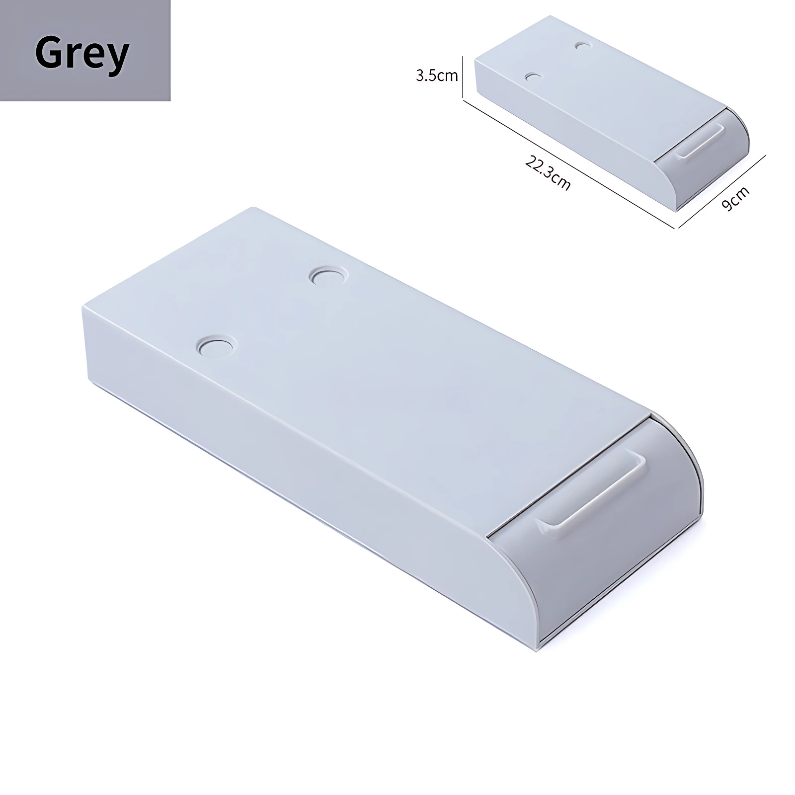 Cajón organizador gris compacto de 22.3cm para escritorio, con asa y dos orificios visibles.
