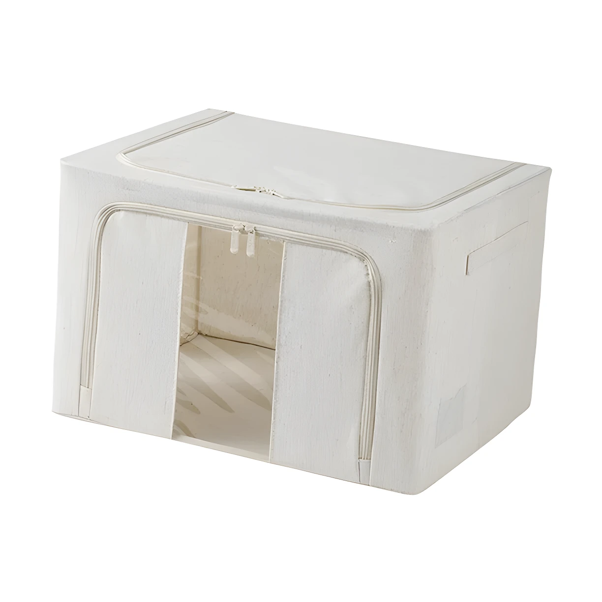 Cajón organizador rectangular blanco para ropa, con tapa y frente de acceso con doble cremallera y ventana transparente.