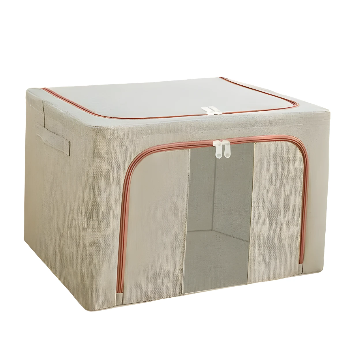 Cajón organizador rectangular de tela beige claro con textura, tapa y abertura frontal con cremallera color cobre.