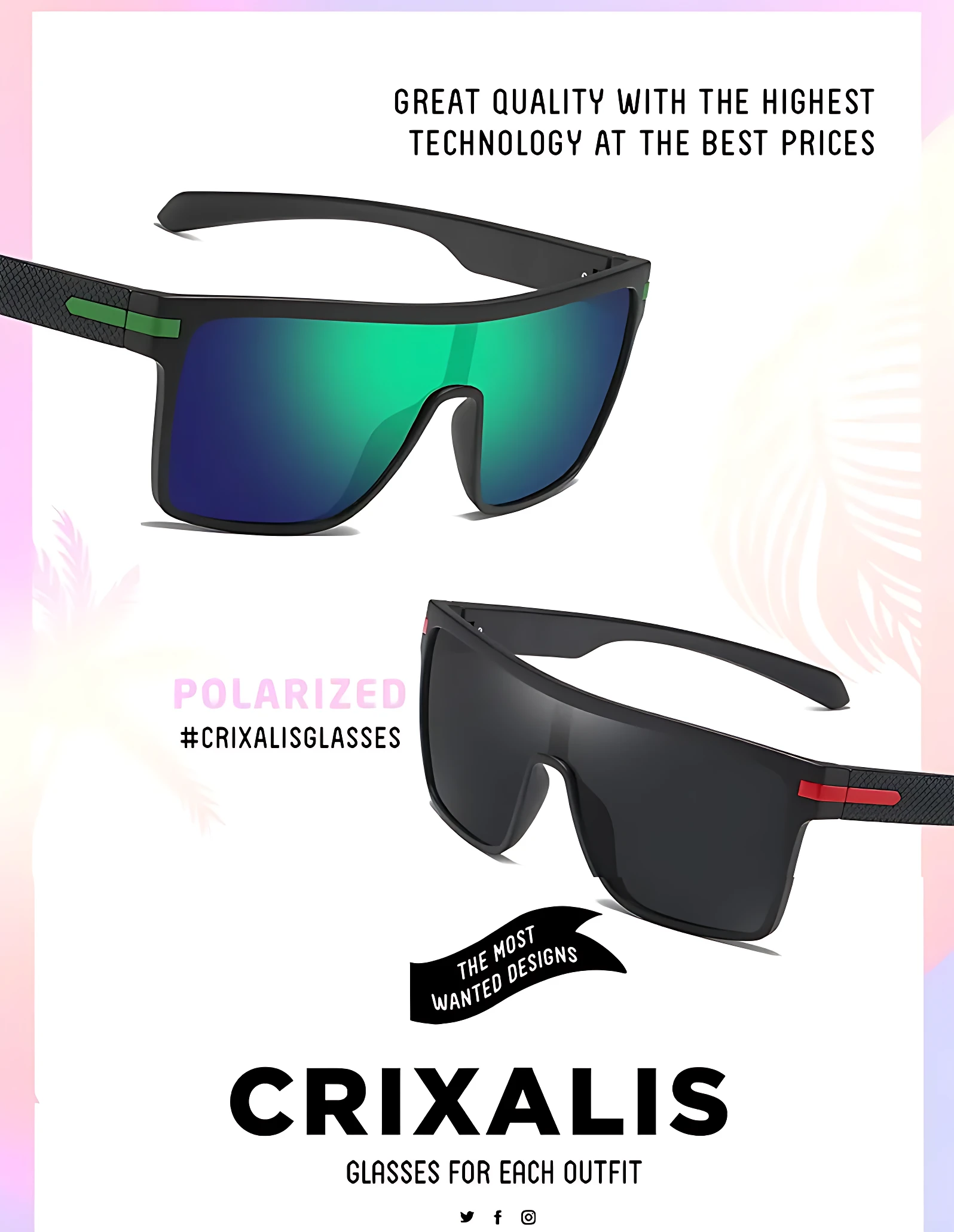 Gafas de sol polarizadas Crixalis, una con lentes verdes y azules, otra negra con detalles rojos.