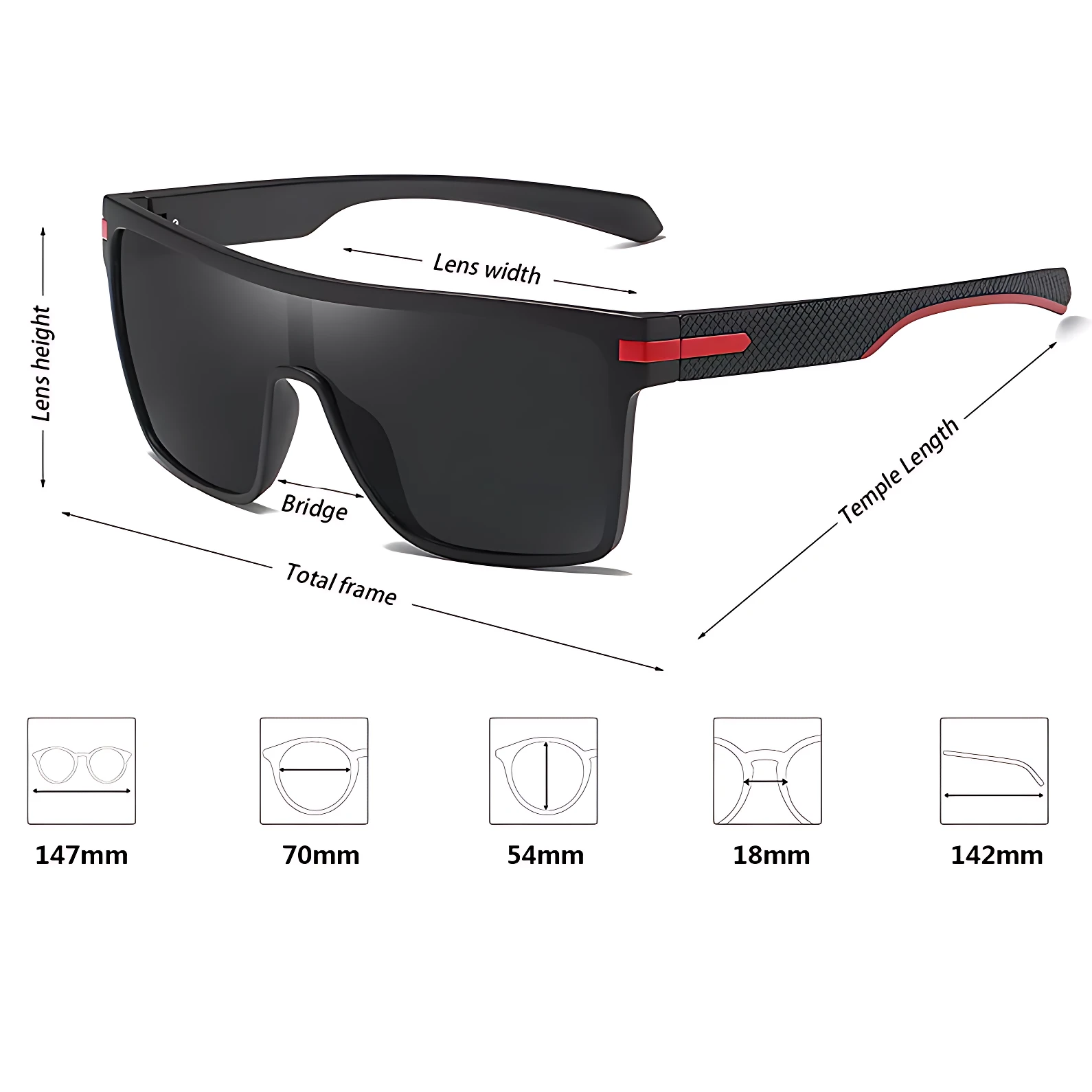 Gafas de sol negras deportivas con detalles rojos, medidas 147mm (total), 70mm (lente), 54mm (alto), 18mm (puente), 142mm (varilla).