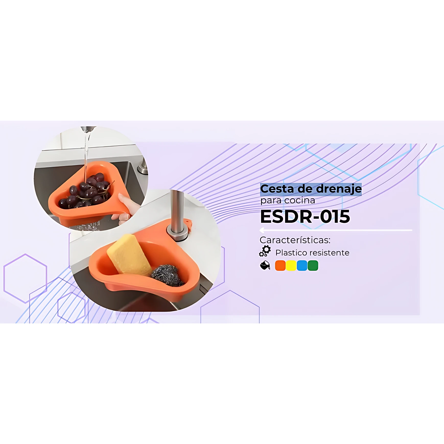 Canasta escurridor triangular naranja para cocina, ideal para lavar frutas o guardar esponjas.