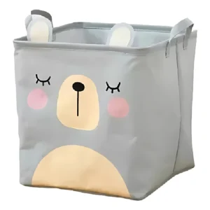 Canasta organizadora gris plegable con diseño de oso dormido y orejas.