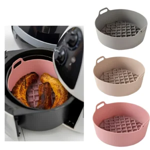 Canastillas de silicona rosa y beige con rejilla para freidora de aire, para cocinar saludable.