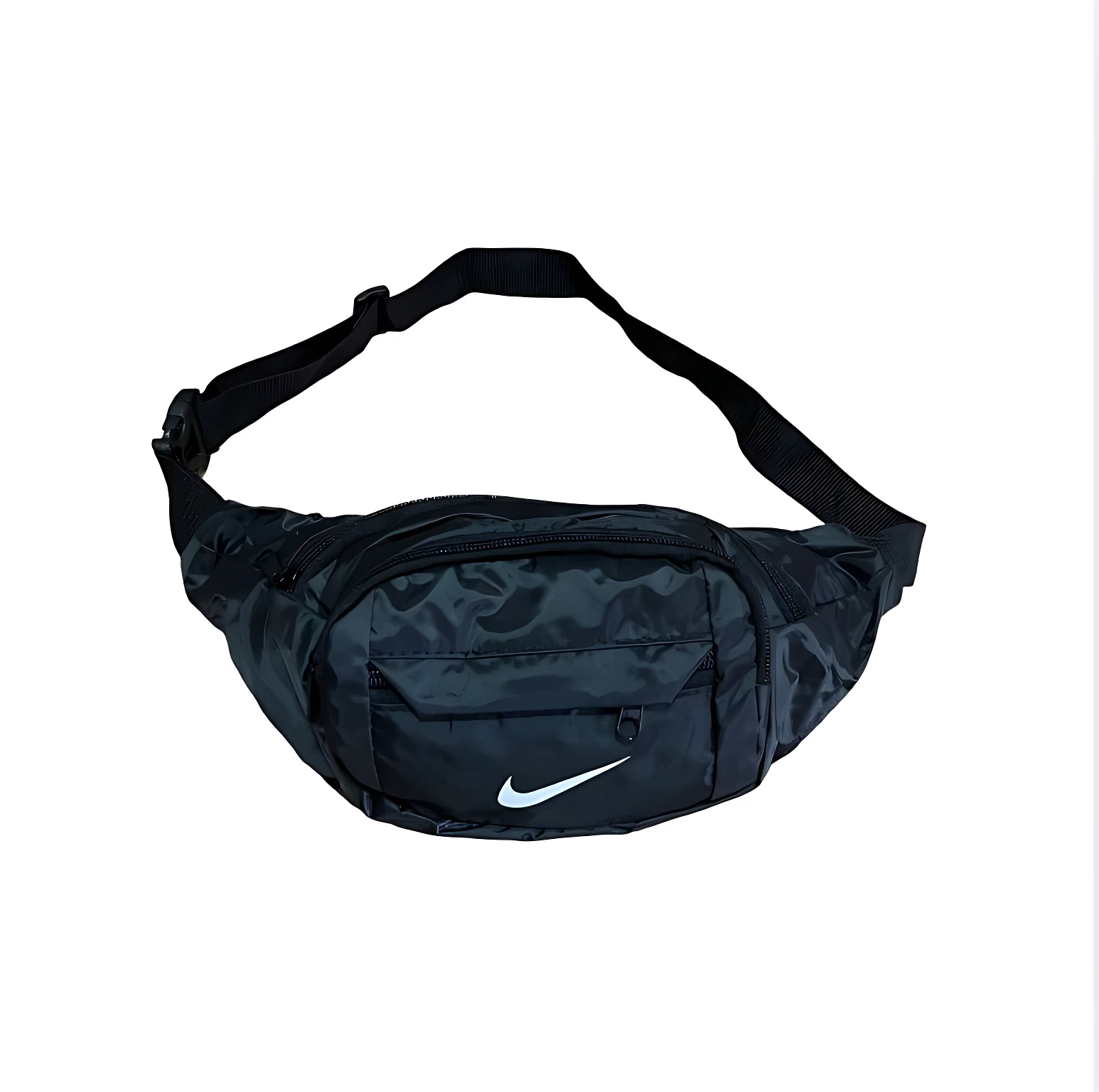 Canguro deportivo Nike negro, con logo blanco, ideal para correr y actividades al aire libre.