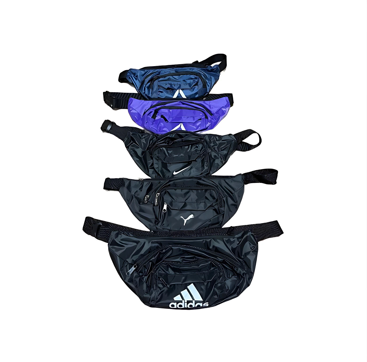 Seis canguros deportivos de diferentes colores: azul oscuro, morado y negros con logos Nike, Puma y Adidas.