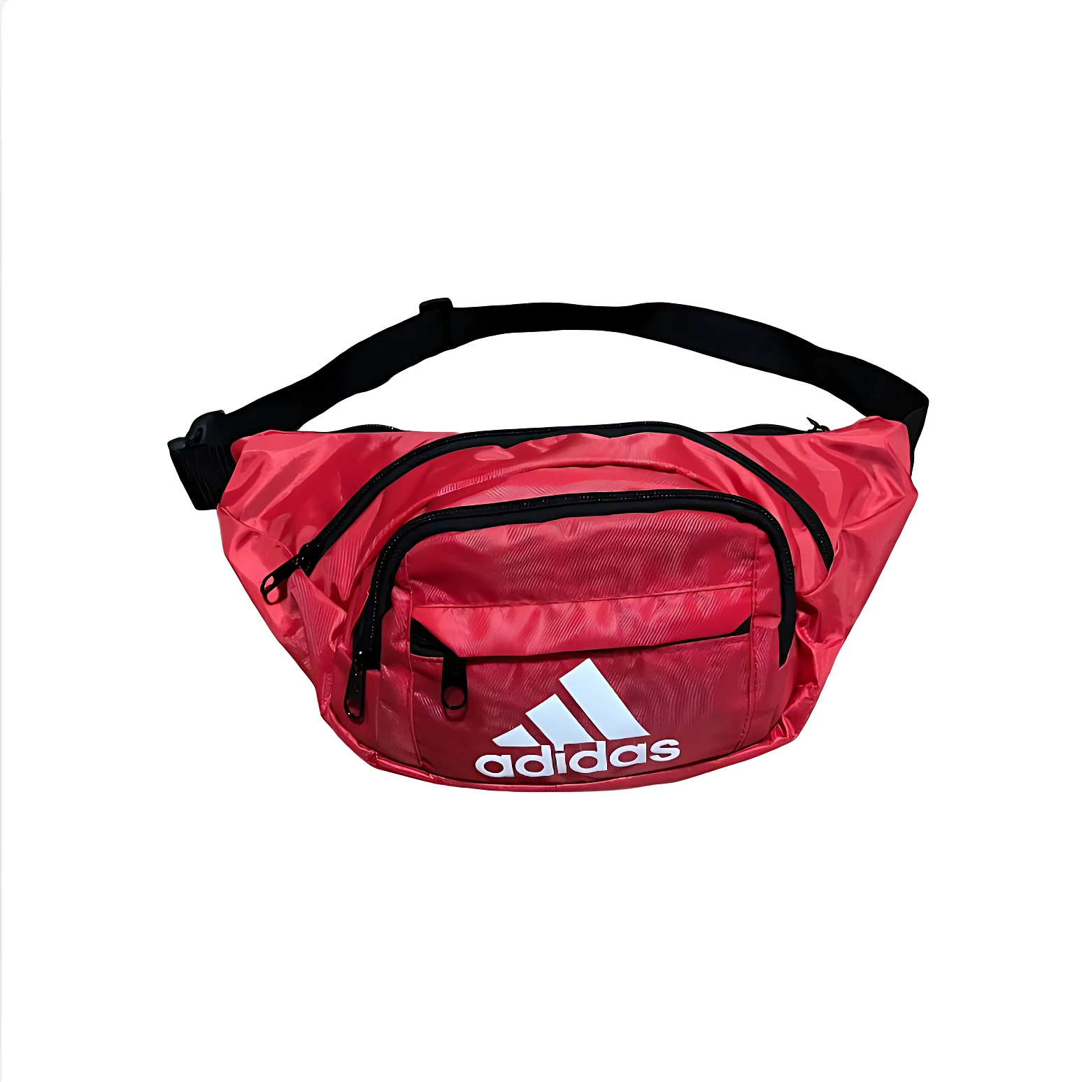 Canguro deportivo Adidas rojo, con logo blanco y tres compartimentos con cremallera, ideal para correr.