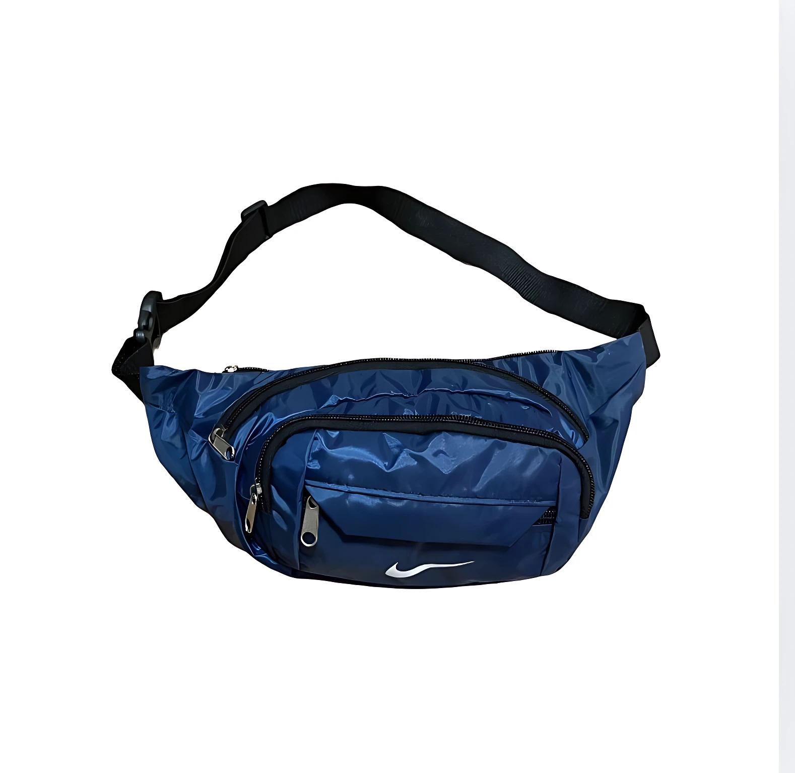 Canguro deportivo azul Nike, impermeable, con múltiples bolsillos frontales con cremallera y correa ajustable para corredores.