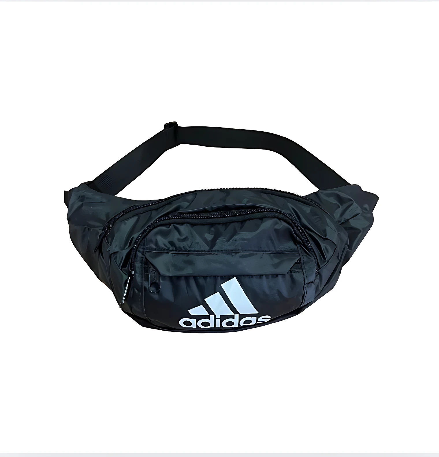 Canguro deportivo negro Adidas con logo blanco, ideal para correr y actividades al aire libre.