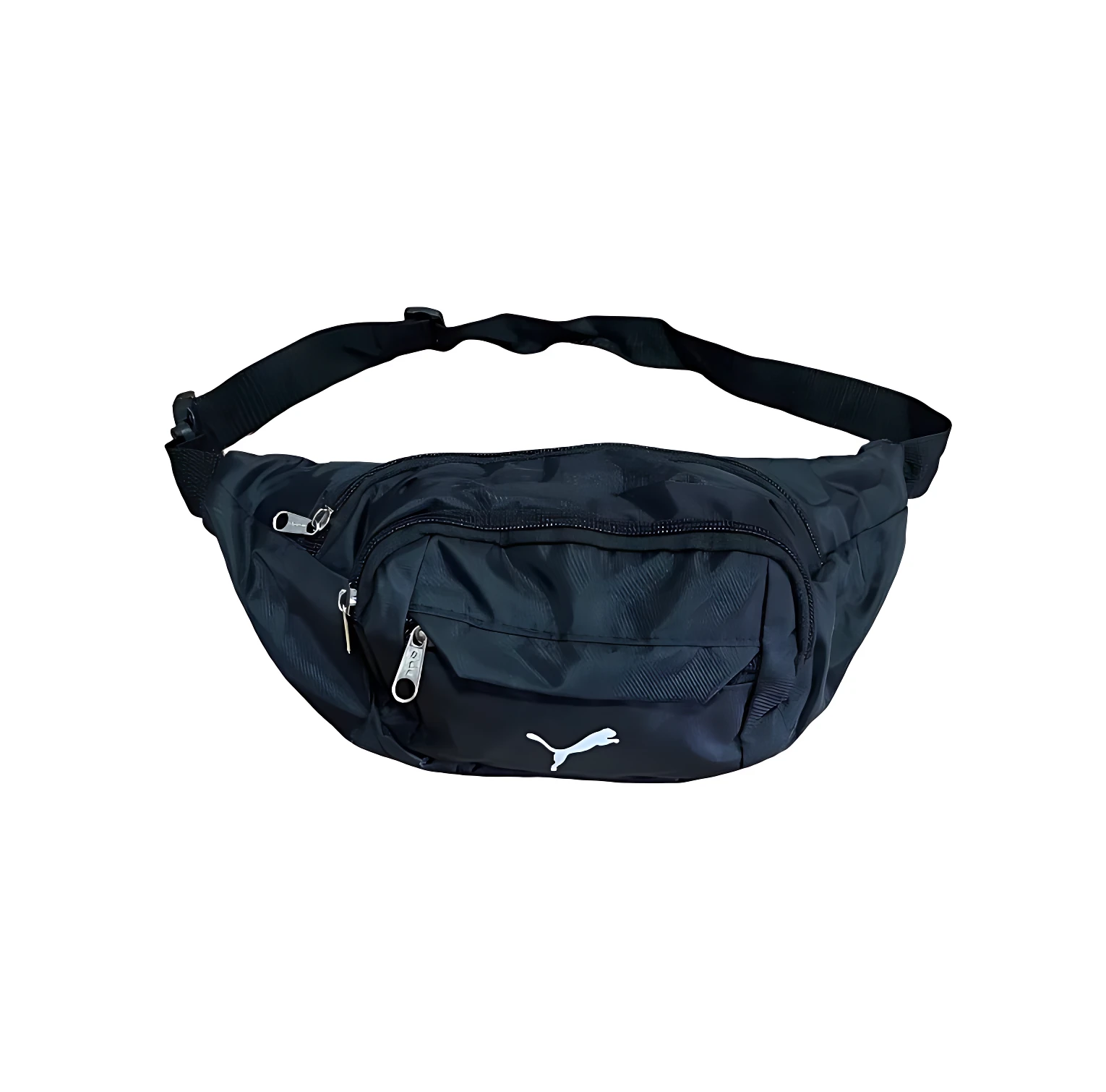 Canguro deportivo negro Puma con logo blanco, múltiples bolsillos y correa ajustable para correr.