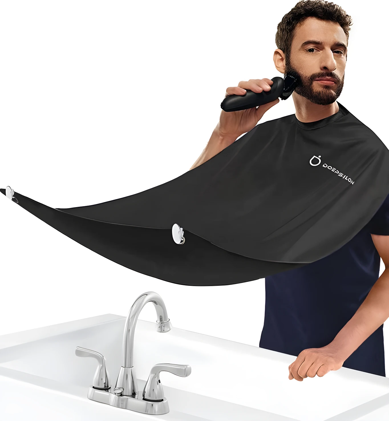 Capa negra impermeable para corte de barba, con ventosas, capturando recortes y un hombre afeitándose.