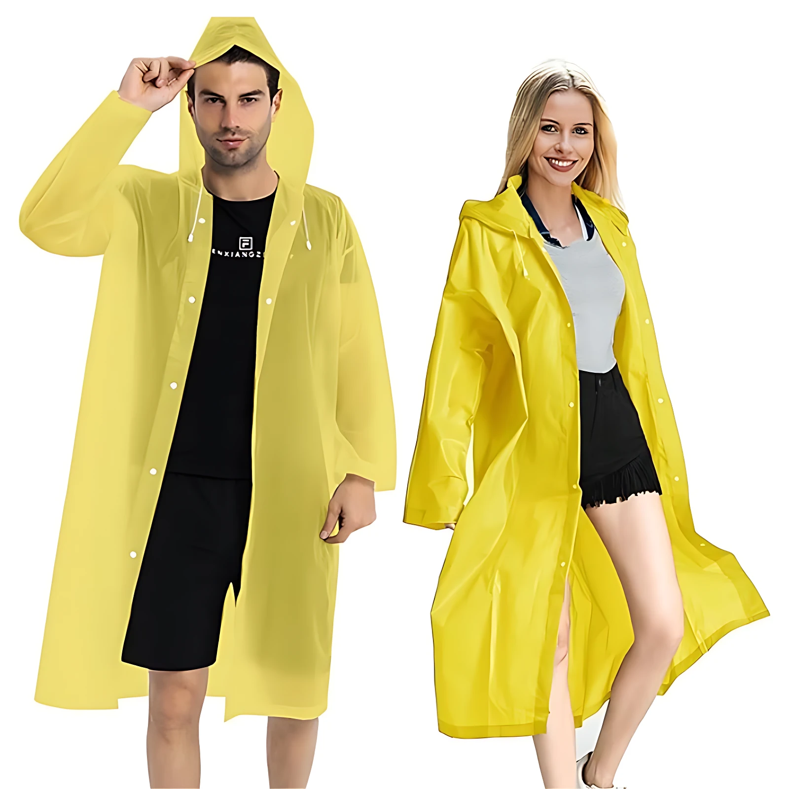 Set x2 capas impermeables amarillas EVA para adulto, hombre y mujer, con capota y botones.