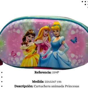 Cartuchera escolar ovalada 22x12x7 cm con diseño animado de princesas Disney y fondo de corazones.