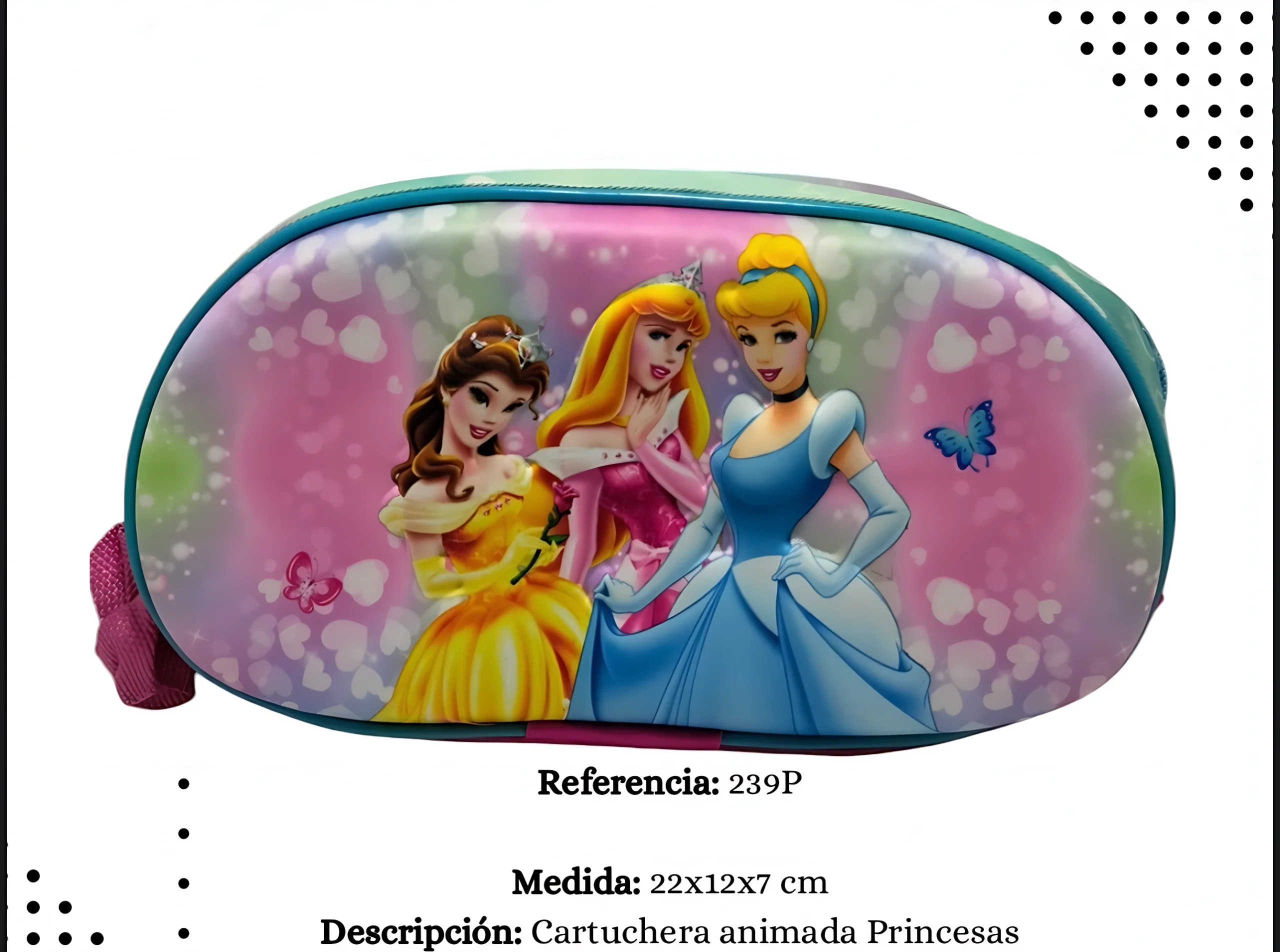 Cartuchera escolar ovalada 22x12x7 cm con diseño animado de princesas Disney y fondo de corazones.