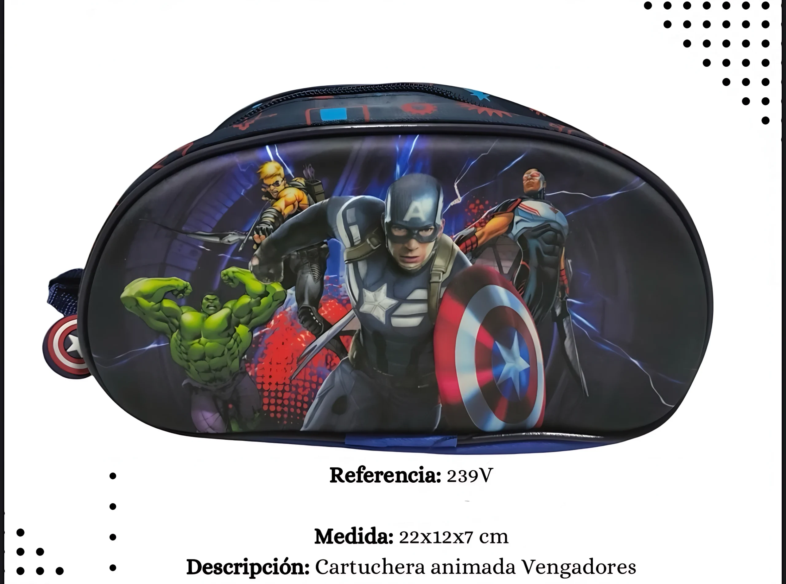 Cartuchera escolar ovalada con diseño animado de Avengers, Capitán América y Hulk, medidas 22x12x7 cm.