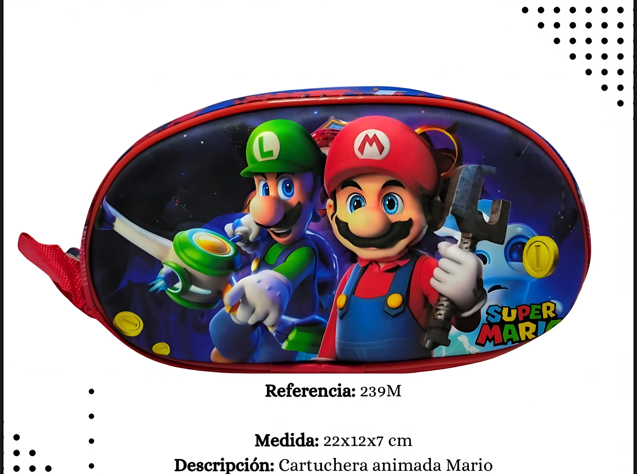 Cartuchera Mario Bros, con Luigi y Mario, medidas 22x12x7 cm.