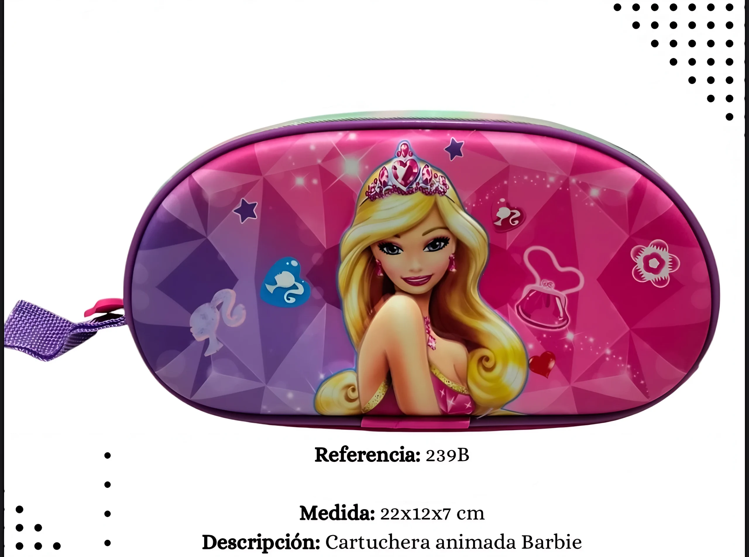 Cartuchera ovalada rosa y morada con diseño de Barbie princesa, 22x12x7 cm.
