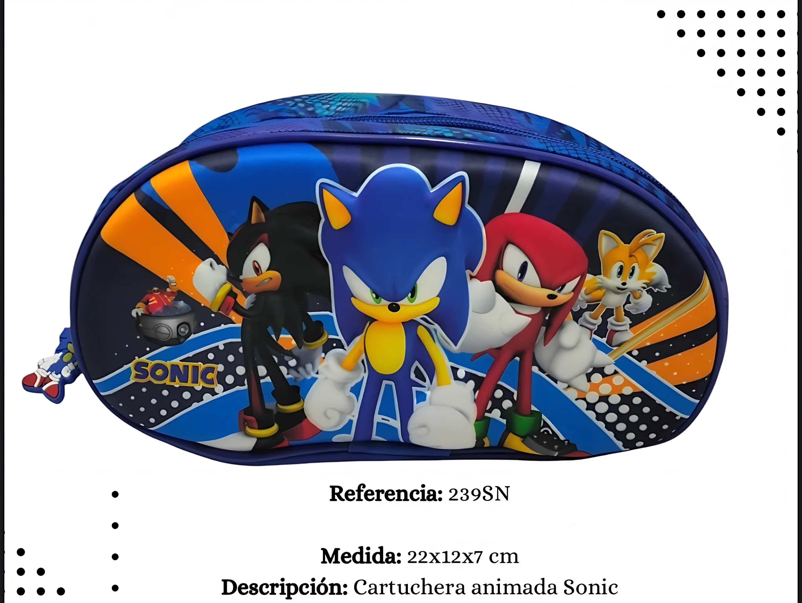 Cartuchera escolar azul de Sonic y amigos, 22x12x7 cm, con cremallera y diseño animado.