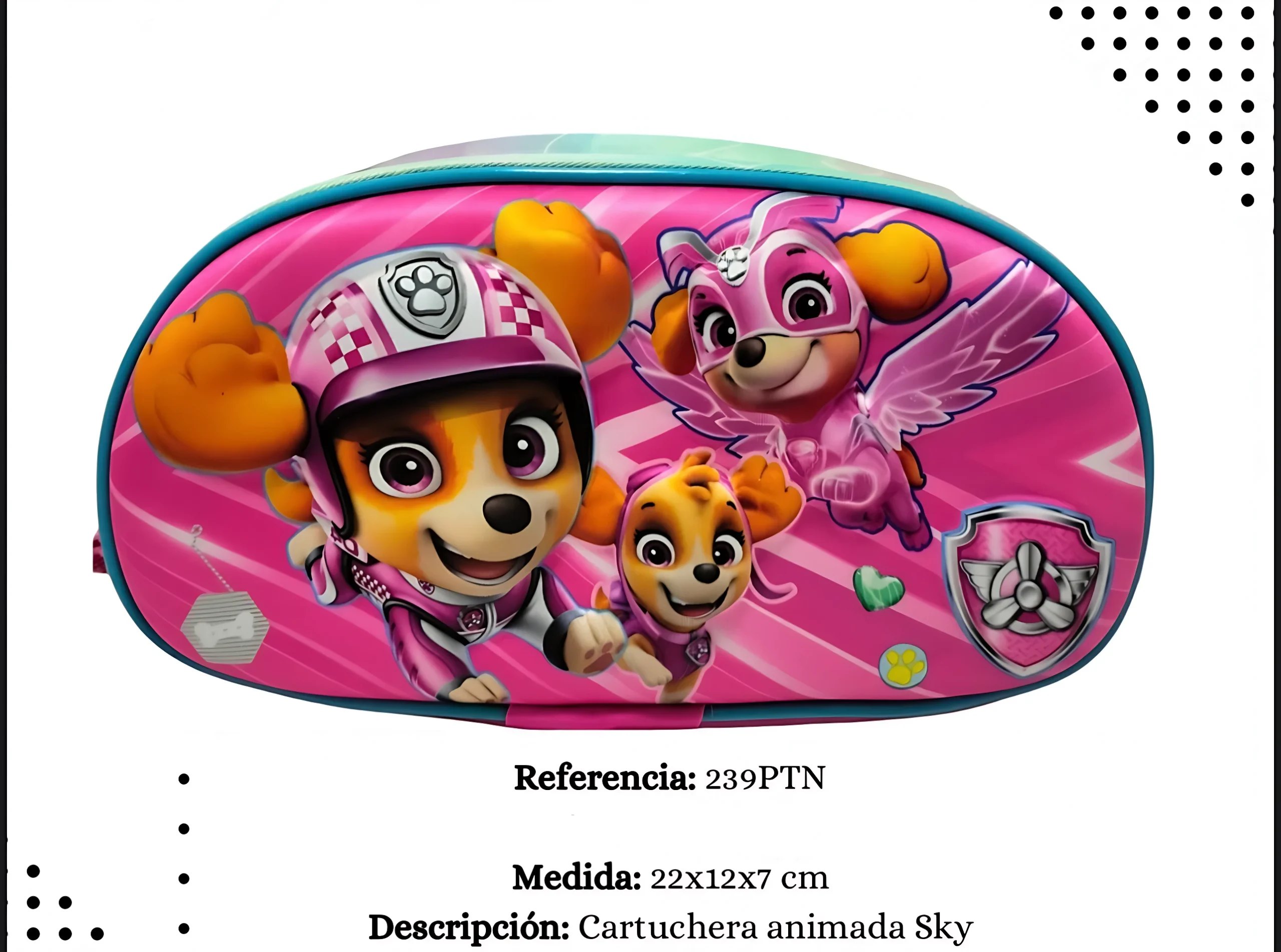 Cartuchera escolar rosada diseño animado Paw Patrol Sky, 22x12x7 cm.